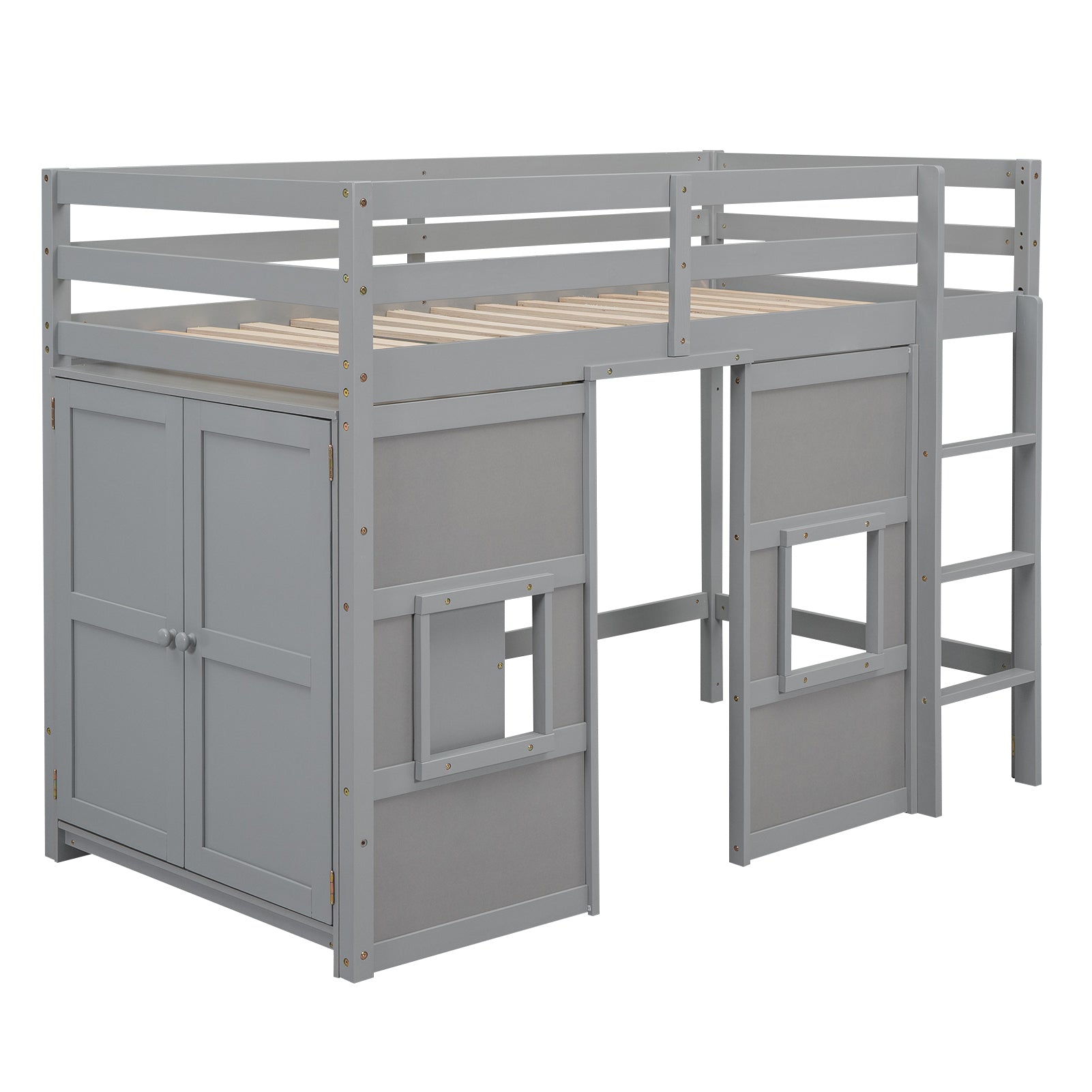 Wood Twin Size Loft Bed with Built-in Storage Wardrobe and 2 Windows, Gray - Atlantic Fine Furniture Melbourne FL