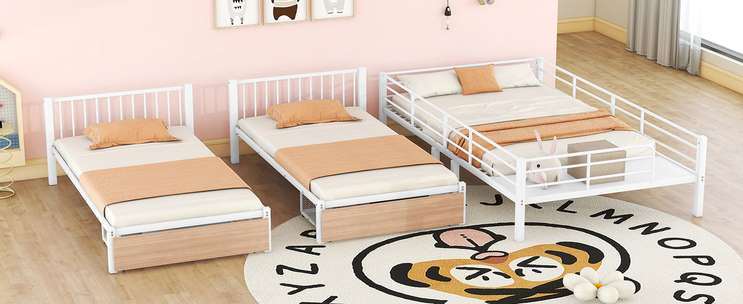 Full Over Twin & Twin Triple Bunk Bed with Drawers, Multi-functional Metal Frame Bed with desks and shelves in the middle, White - Atlantic Fine Furniture Melbourne FL