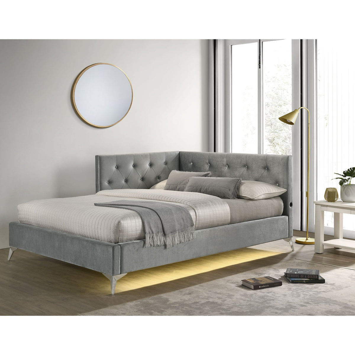 Amberley Full Upholstered Corner Bed With LED And USB in Gray by Elements International, view 8