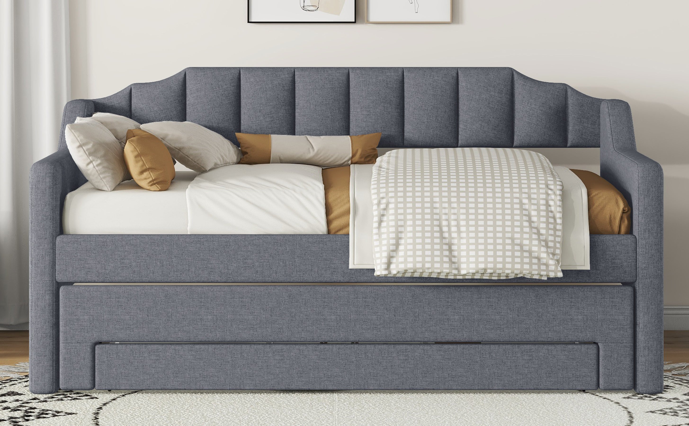 Twin Size Upholstered Daybed with Trundle and Three Drawers,Gray - Atlantic Fine Furniture Melbourne FL