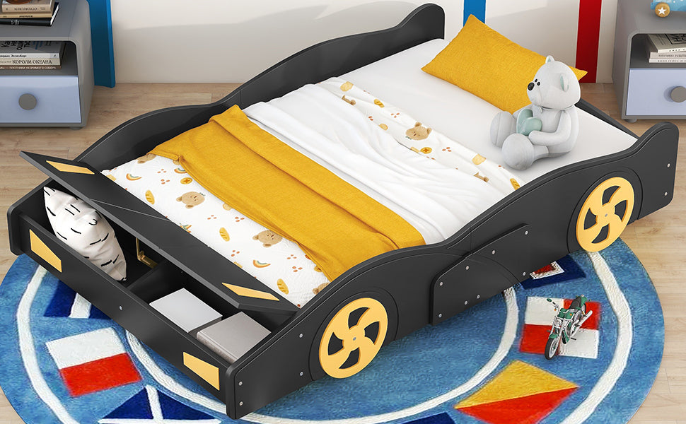 Full Size Race Car-Shaped Platform Bed with Wheels and Storage, Black+Yellow