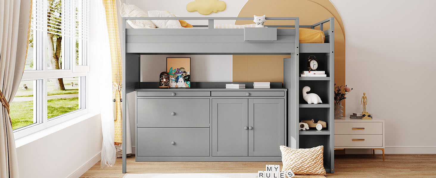 Loft Bed with Rolling Cabinet and Desk - Gray - Atlantic Fine Furniture Melbourne FL