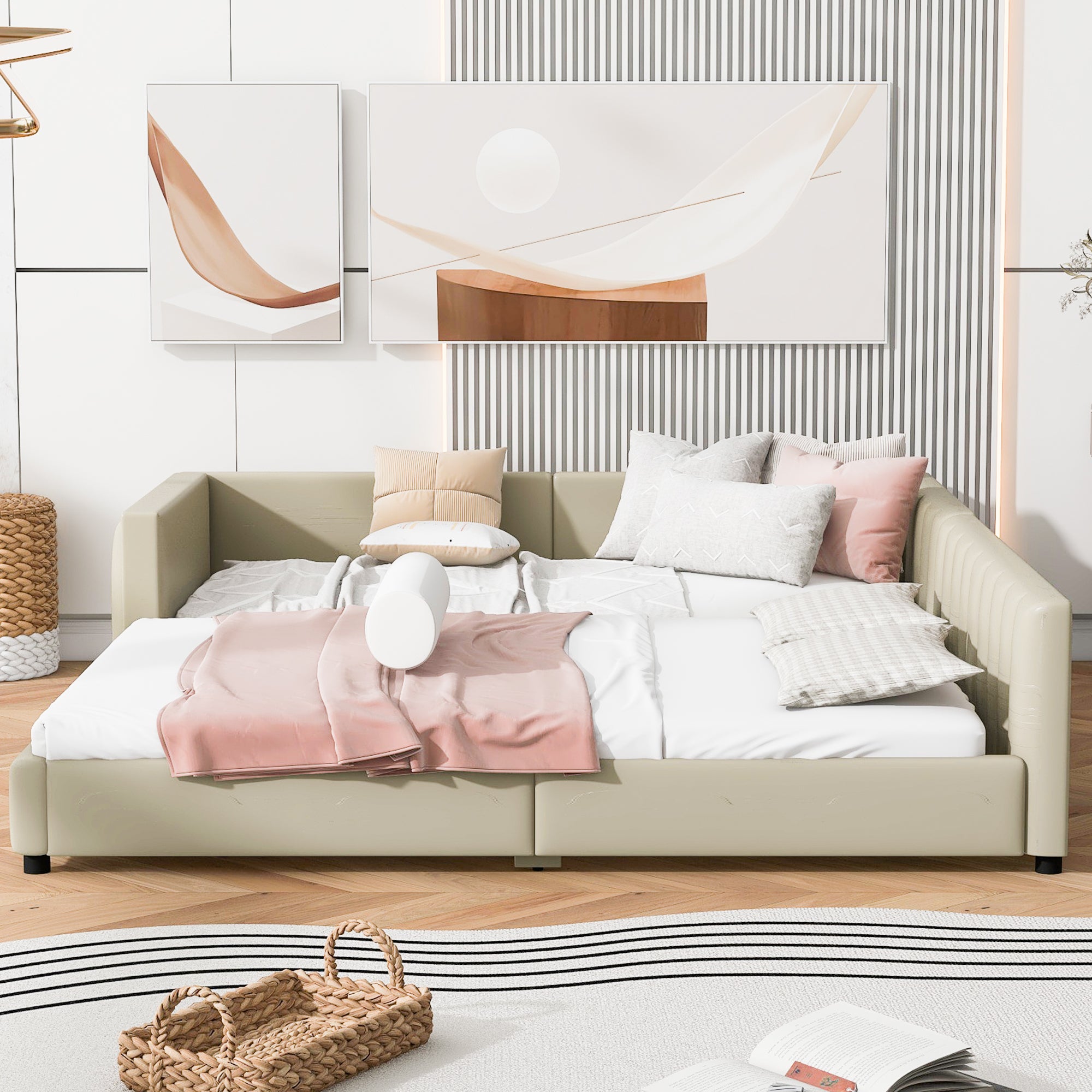 Queen Size & Twin XL Size Upholstered Platform Bed, Mother & Child Bed, PU Leather, Beige - Atlantic Fine Furniture Melbourne FL