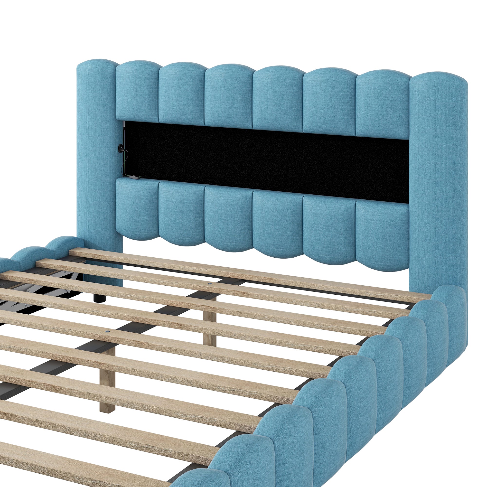 Queen Size Upholstered Platform Bed with LED Headboard and USB, Blue - Atlantic Fine Furniture Melbourne FL