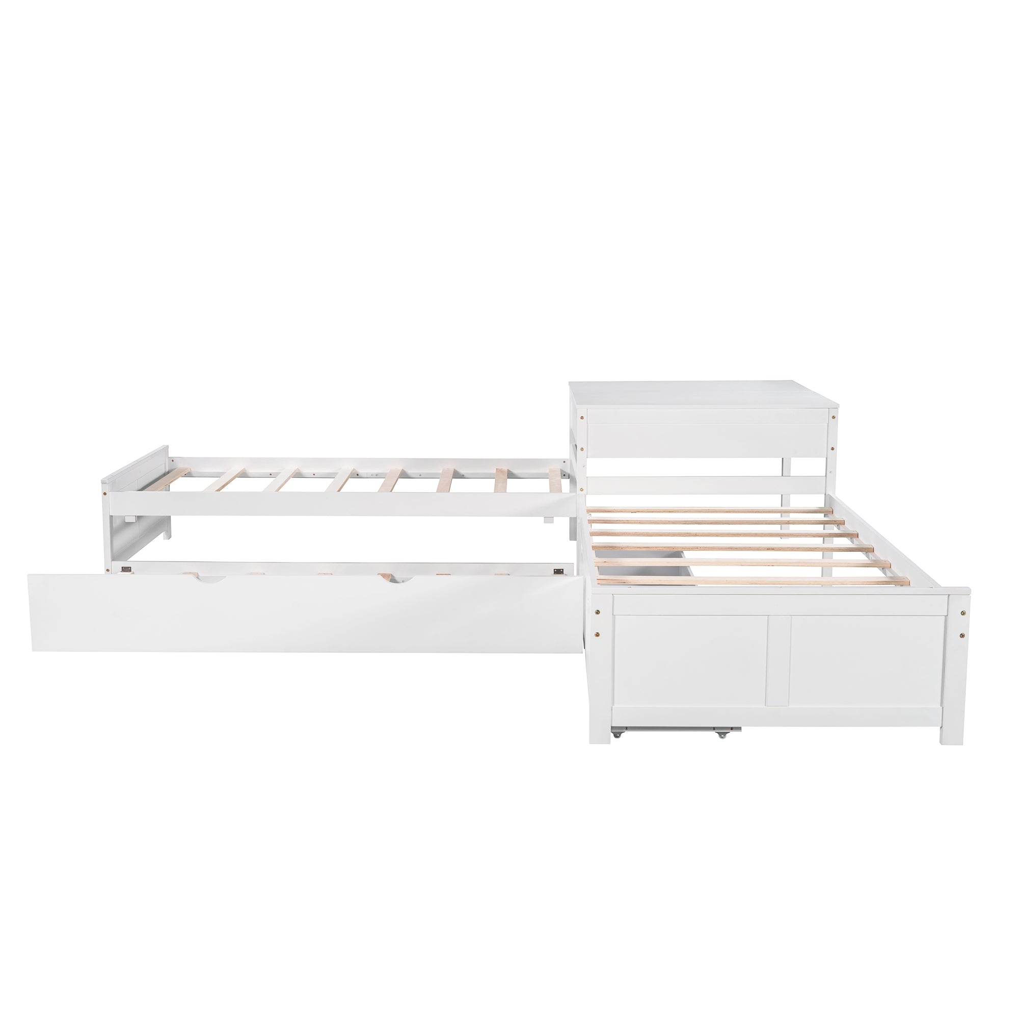 L-shaped Platform Bed with Trundle and Drawers Linked with built-in Desk,Twin,White - Atlantic Fine Furniture Melbourne FL