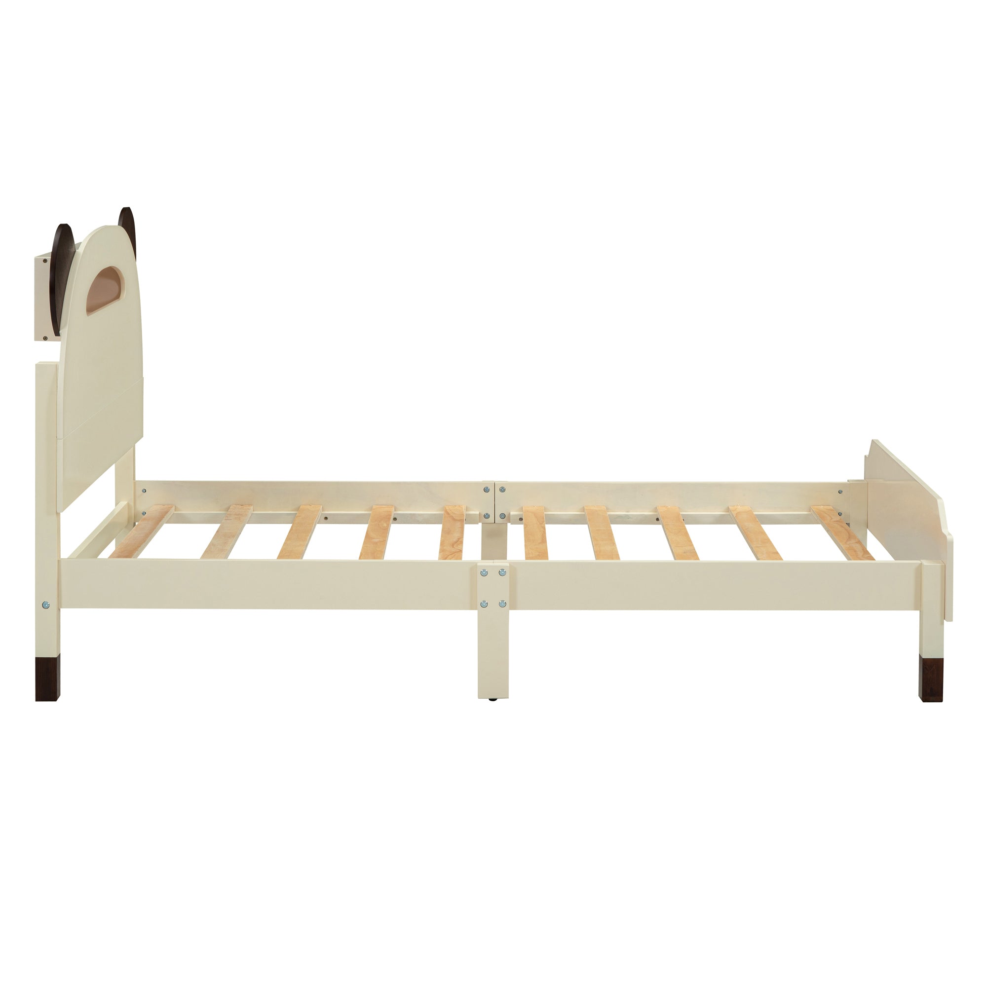 Twin Size Wood Platform Bed with Bear-shaped Headboard,Bed with Motion Activated Night Lights,Cream+Walnut - Atlantic Fine Furniture Melbourne FL