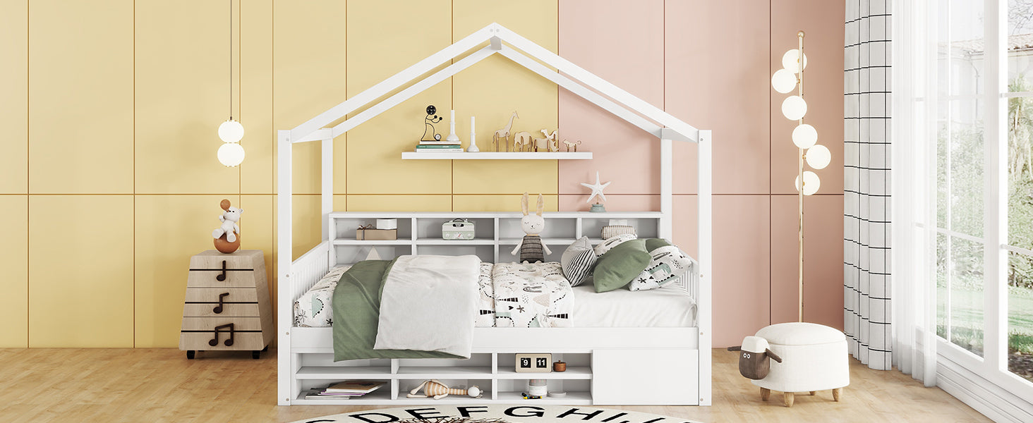 Full Size Wooden House Bed with Shelves and a Mini-cabinet, White - Atlantic Fine Furniture Melbourne FL