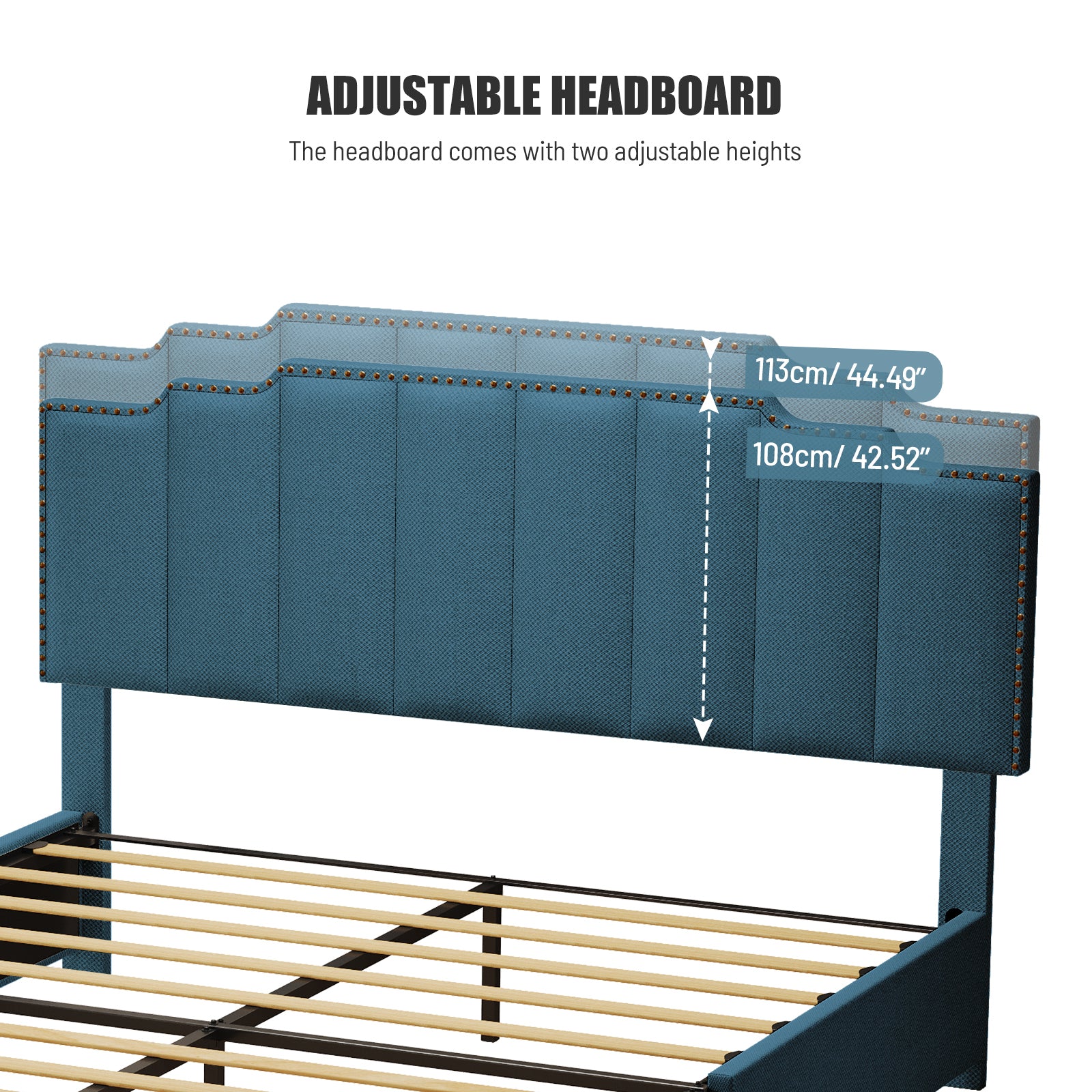 Queen Size Upholstered Platform Bed Linen Bed Frame with 2 Drawers Stitched Padded Headboard with Rivets Design Strong Bed Slats System No Box Spring Needed Blue - Atlantic Fine Furniture Melbourne FL