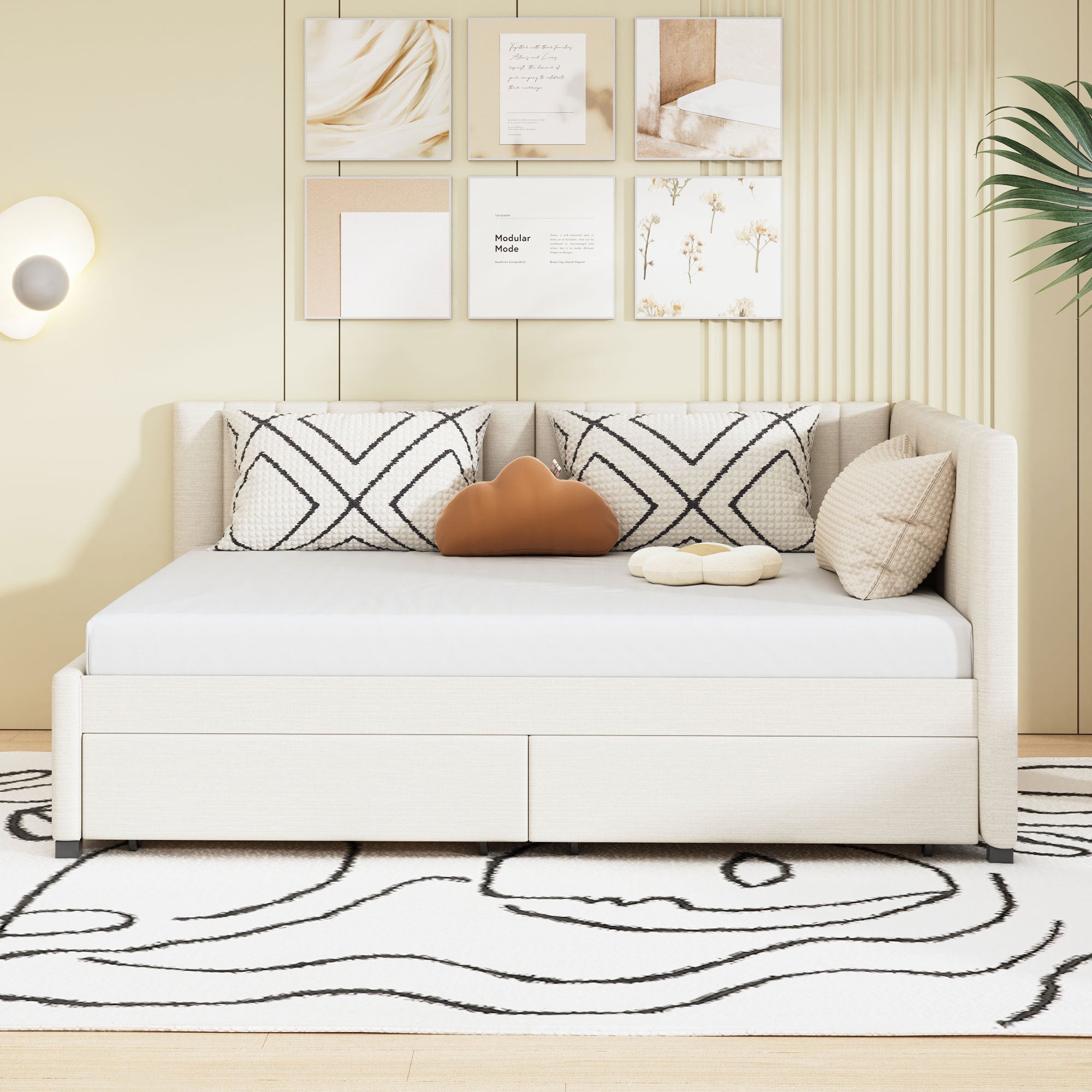 Full Size Upholstered Daybed with 2 Storage Drawers Sofa Bed Frame No Box Spring Needed, Linen Fabric (Beige) - Atlantic Fine Furniture Melbourne FL