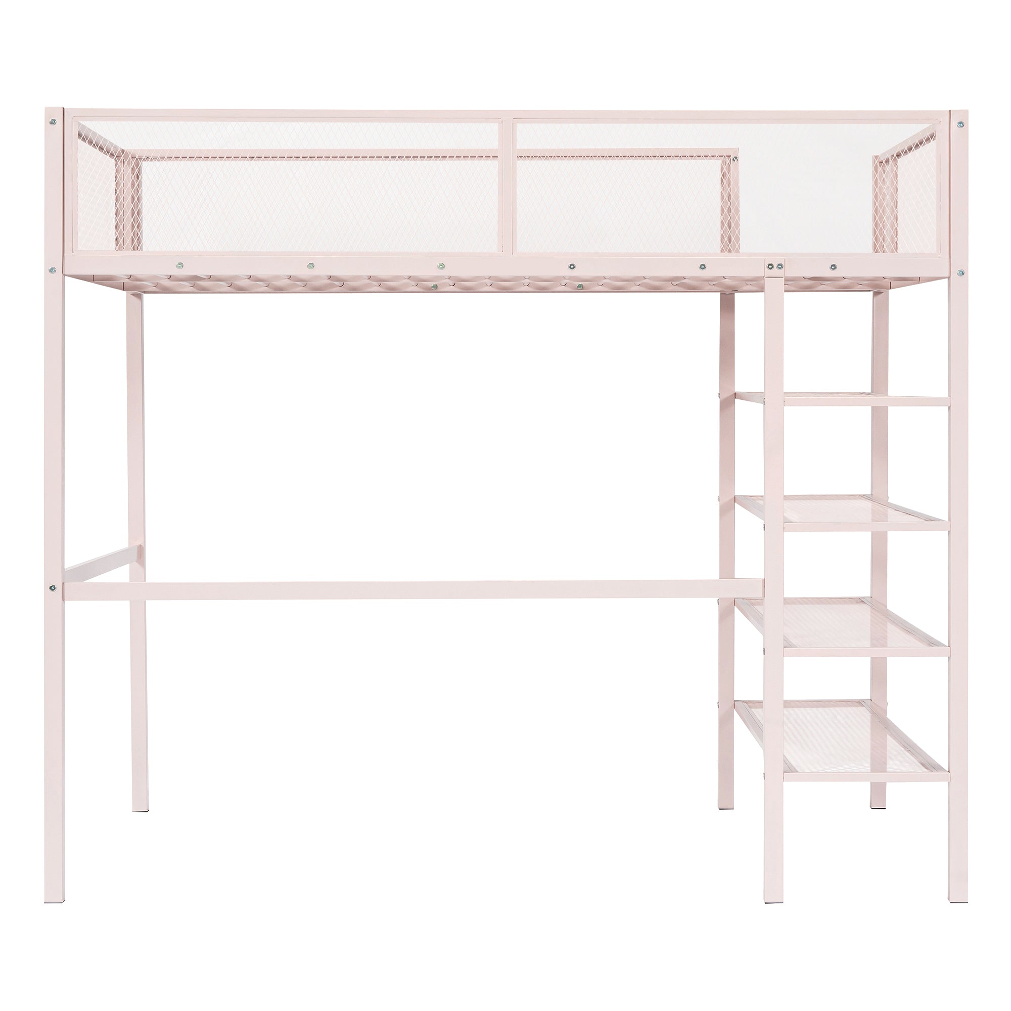Twin Size Metal Loft Bed with 4-Tier Shelves and Storage, Pink - Atlantic Fine Furniture Melbourne FL