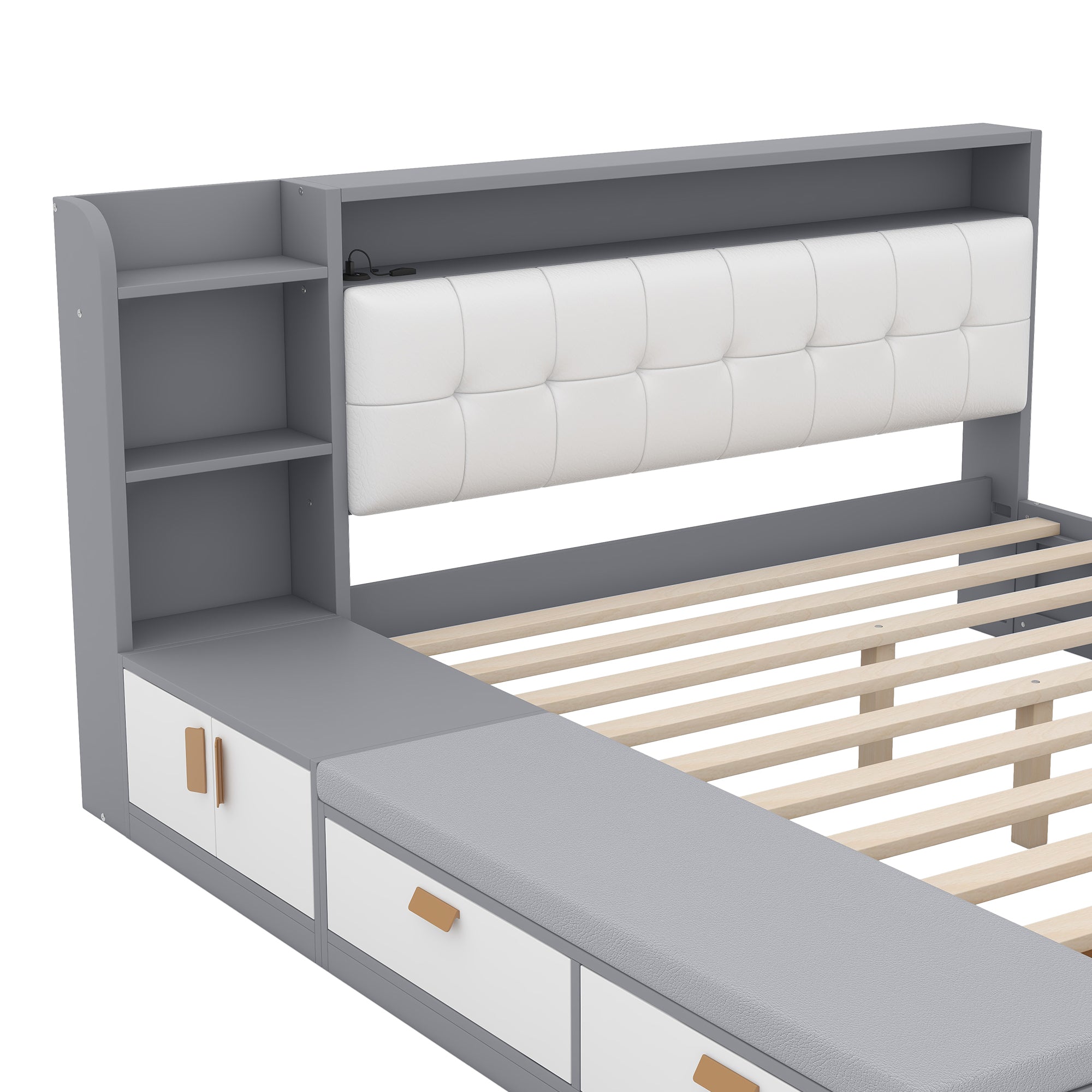 Queen Size Low Profile Platform Bed Frame with Upholstery Headboard and Storage Shelves and Drawers,USB Charging Design,Gray - Atlantic Fine Furniture Melbourne FL