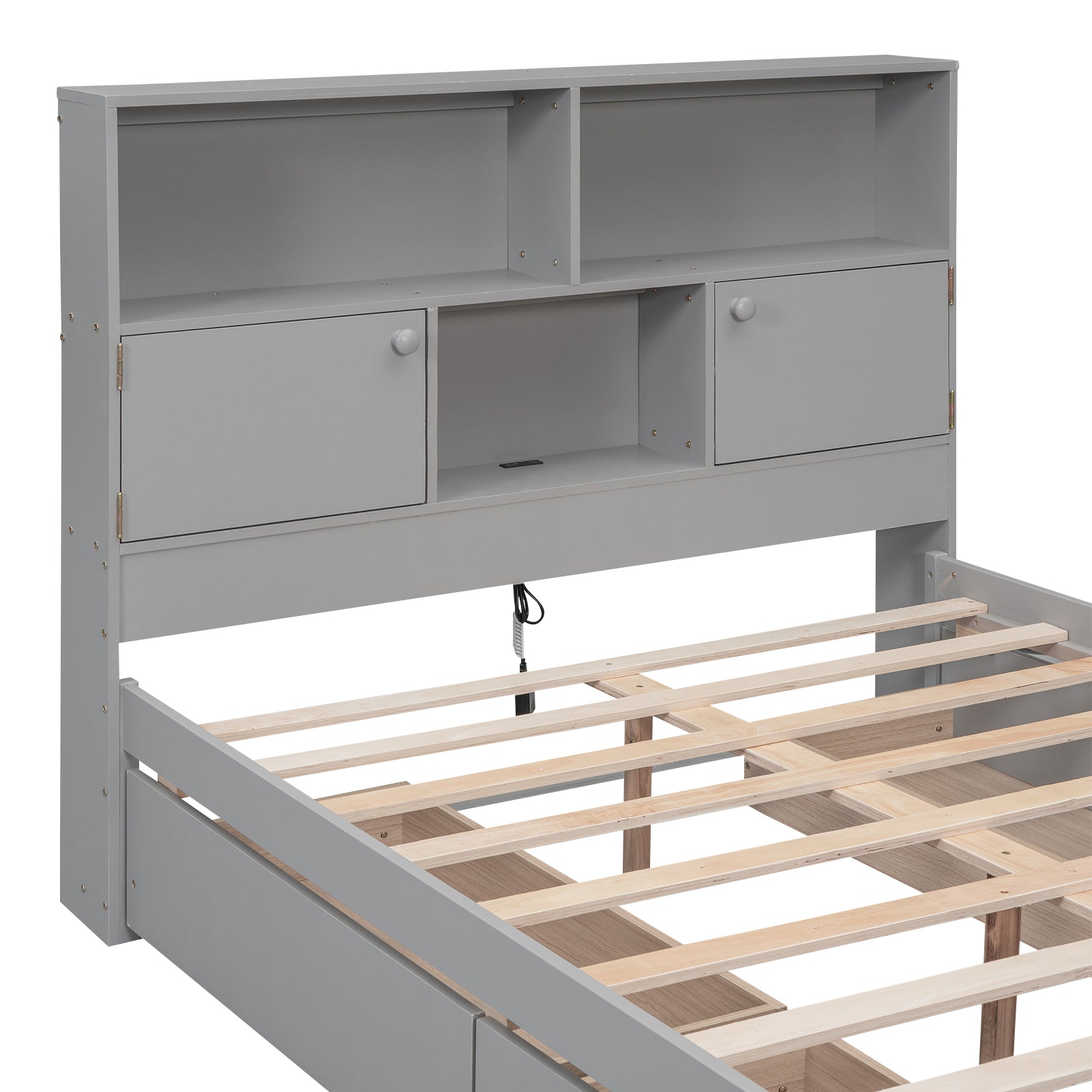 Full Size Platform Bed with Storage Headboard, Charging Station and 4 Drawers, Gray - Atlantic Fine Furniture Melbourne FL