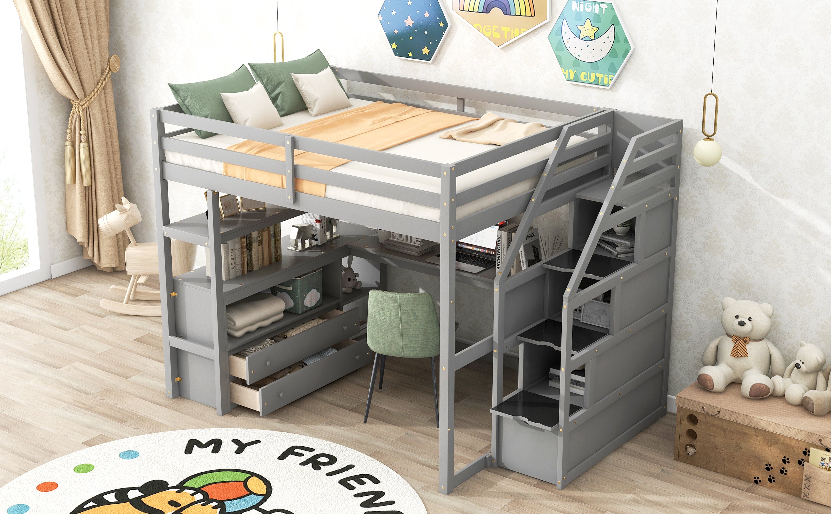 Full Size Loft Bed with Desk and Shelves, Two Built-in Drawers, Storage Staircase, Gray - Atlantic Fine Furniture Melbourne FL