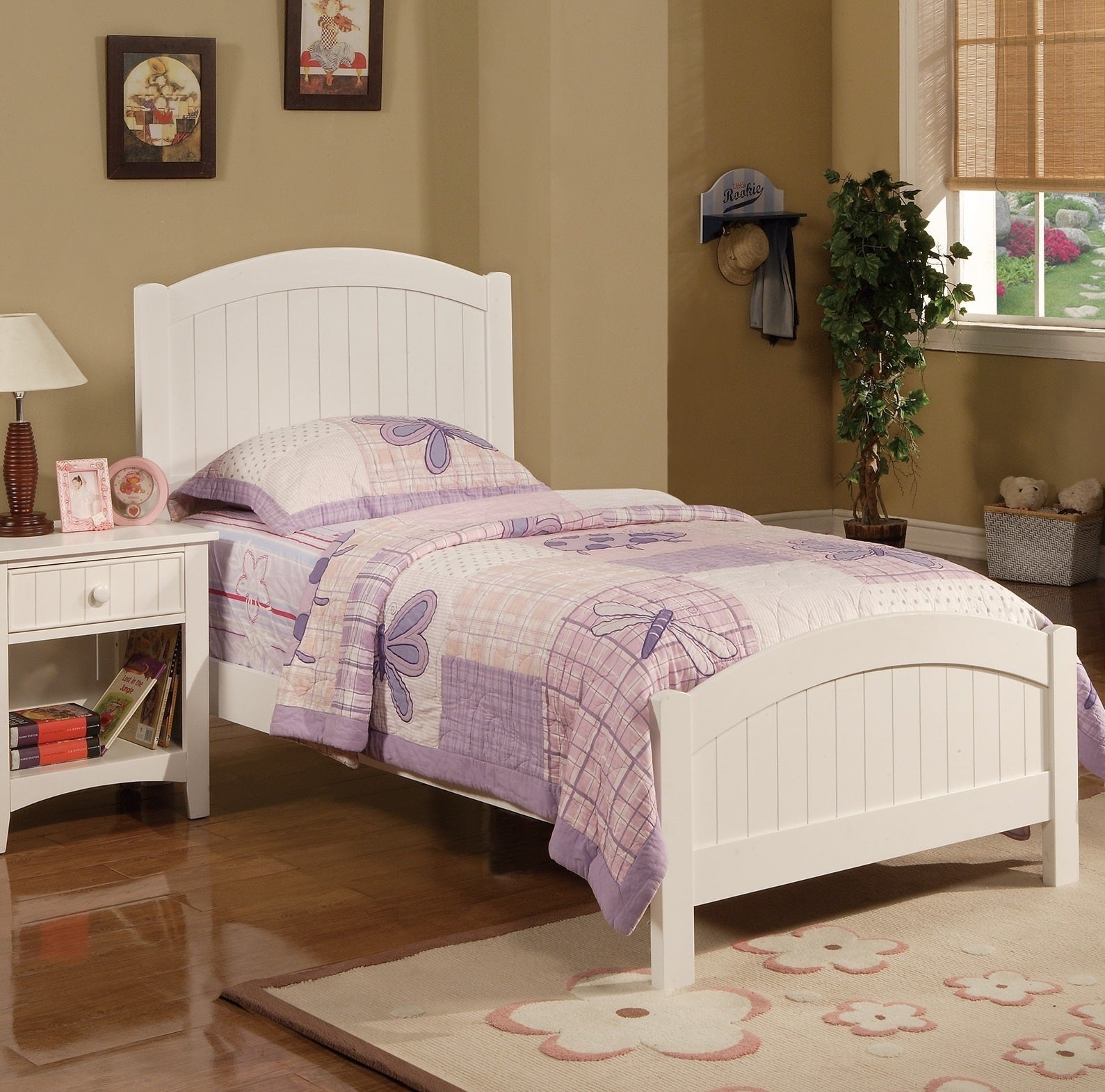 White Color Twin Size Bed Youth Bedroom Furniture Vertical Lines Carved Headboard Plywood - Atlantic Fine Furniture Melbourne FL