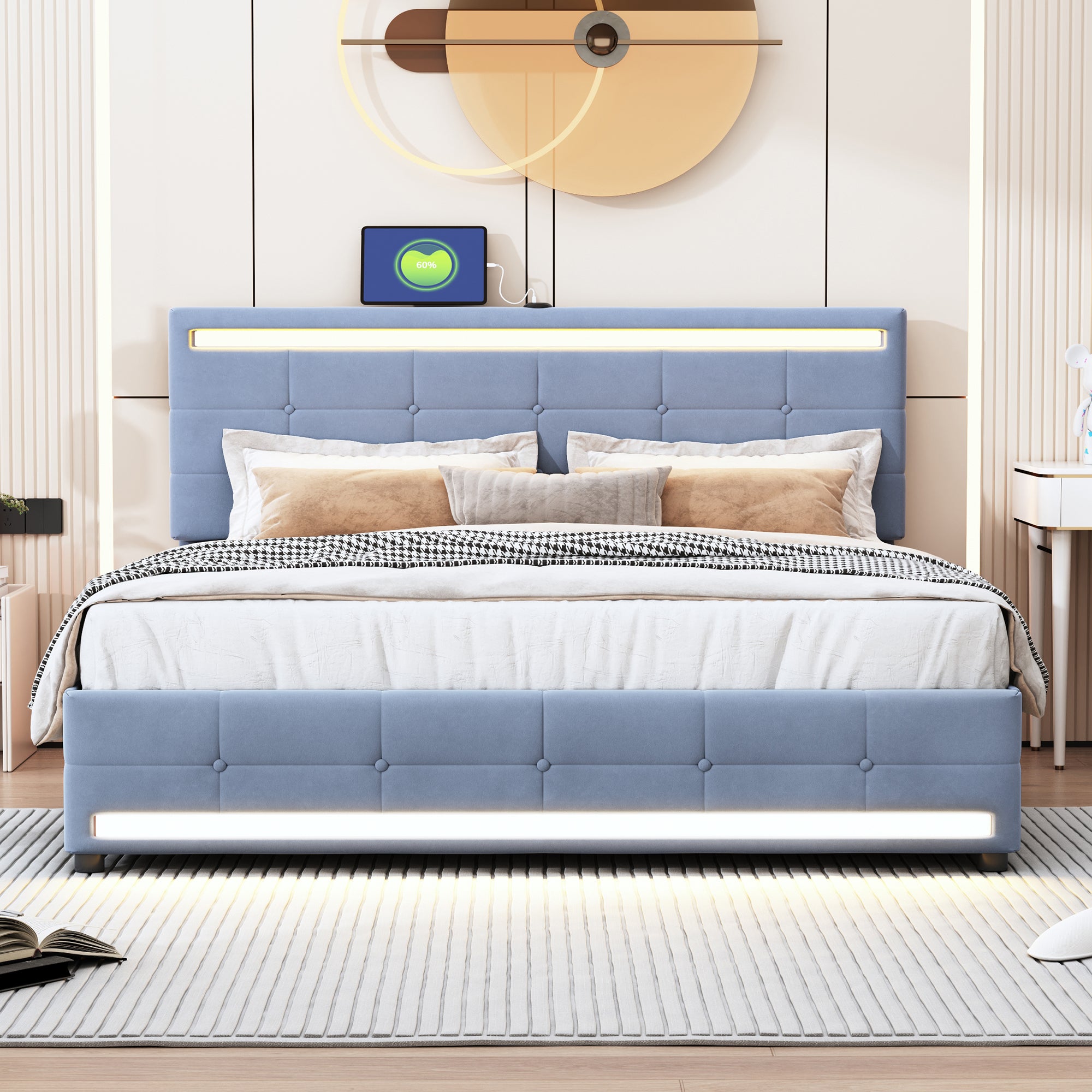 Queen Size Upholstered Bed with LED Light, 4 Drawers and a set of Type C and USB Ports, Velvet, Gray - Atlantic Fine Furniture Melbourne FL