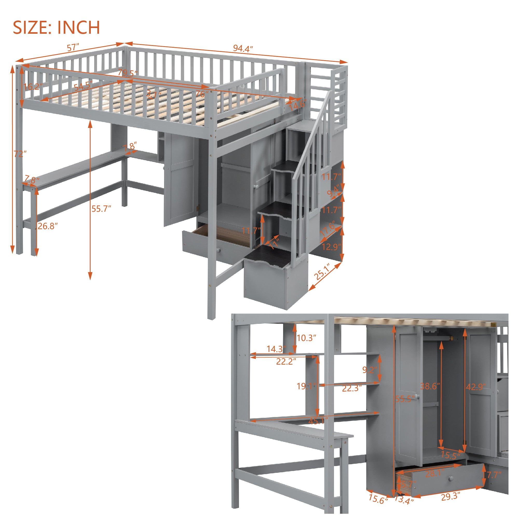 Full size Loft Bed with Bookshelf,Drawers,Desk,and Wardrobe-Gray - Atlantic Fine Furniture Melbourne FL