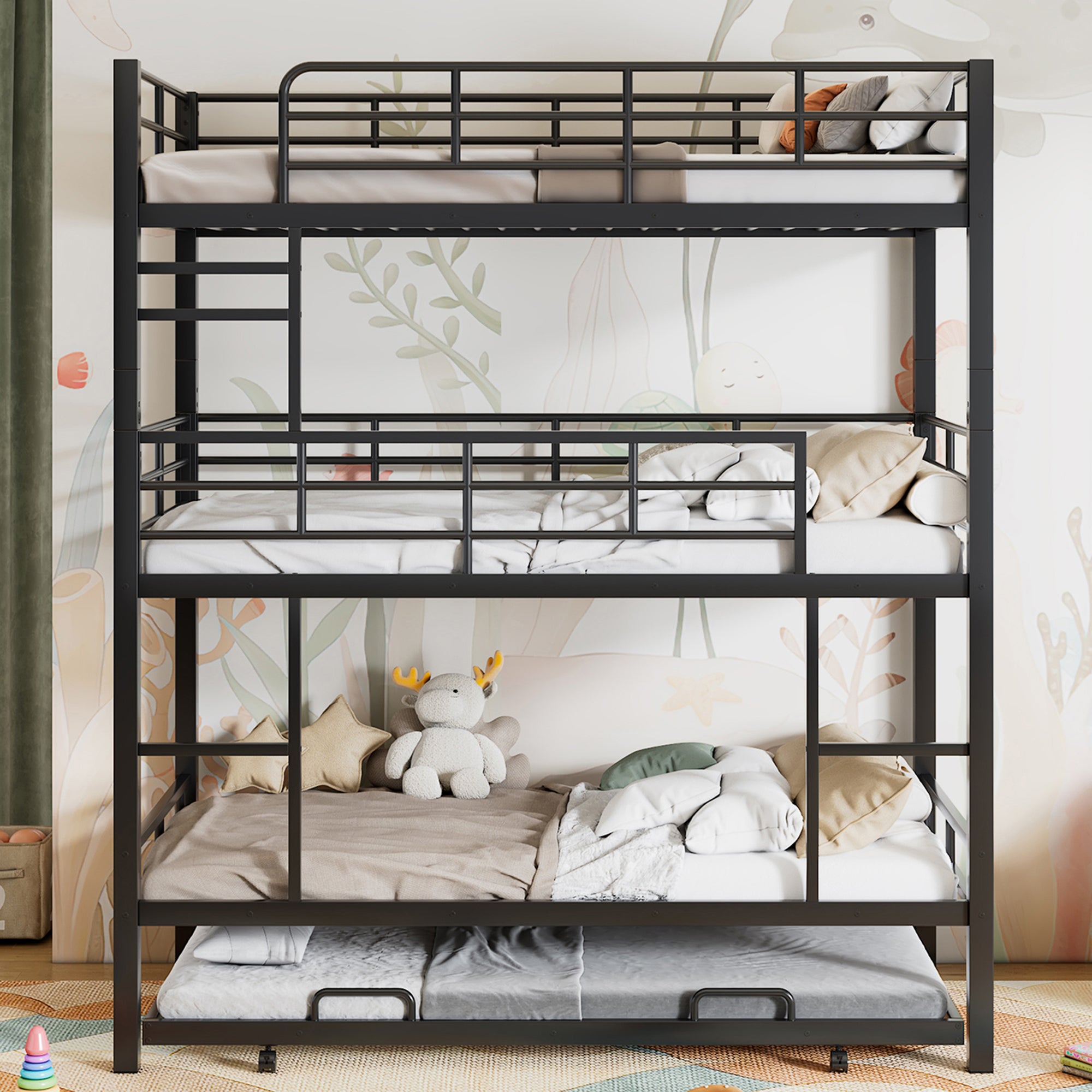 Metal Twin Size Triple Bunk Bed With Trundle, Black