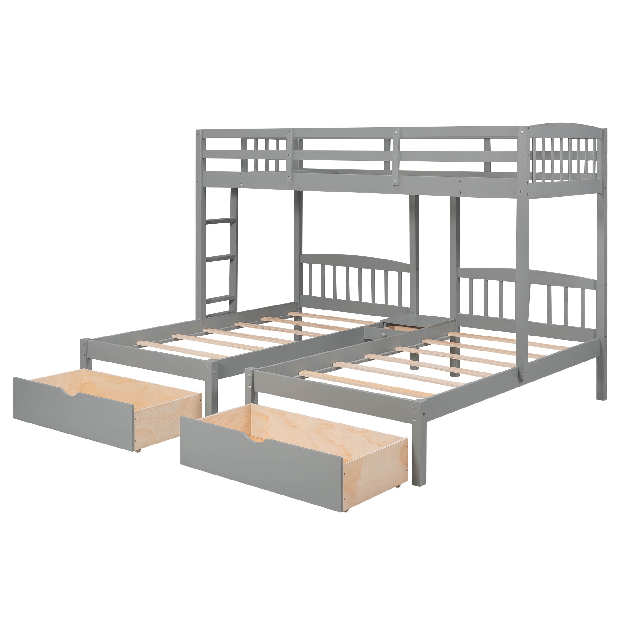 Twin over Twin & Twin Bunk Bed with Two Drawers and Built-in Middle Drawer, Gray - Atlantic Fine Furniture Melbourne FL