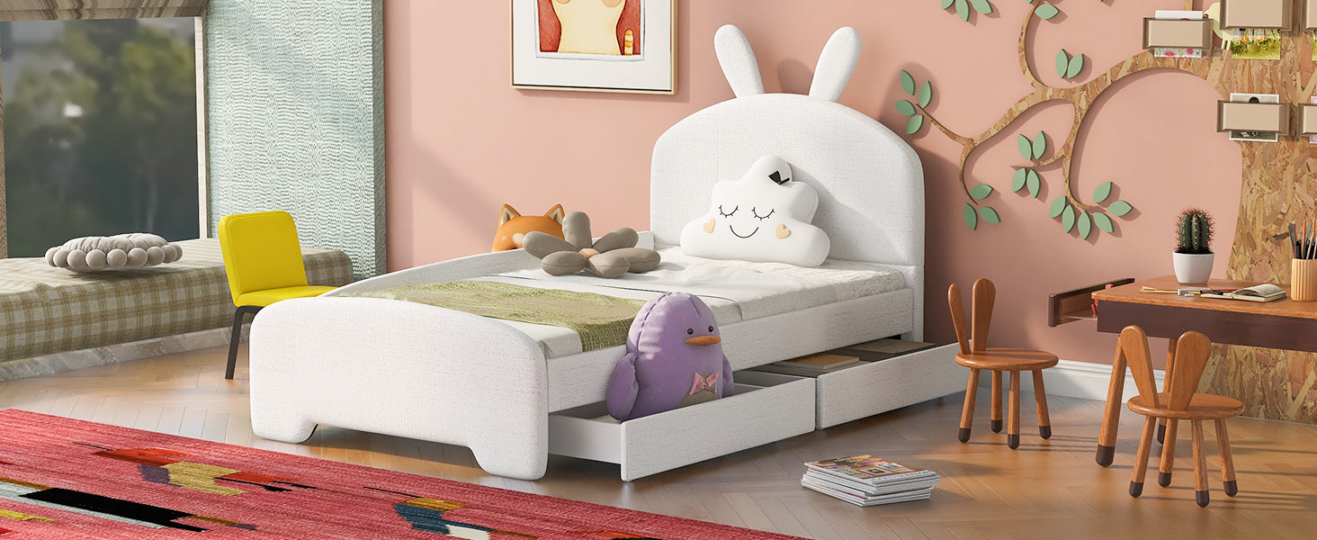 Twin Size Upholstered Platform Bed with Cartoon Ears Shaped Headboard and 2 Drawers, White - Atlantic Fine Furniture Melbourne FL