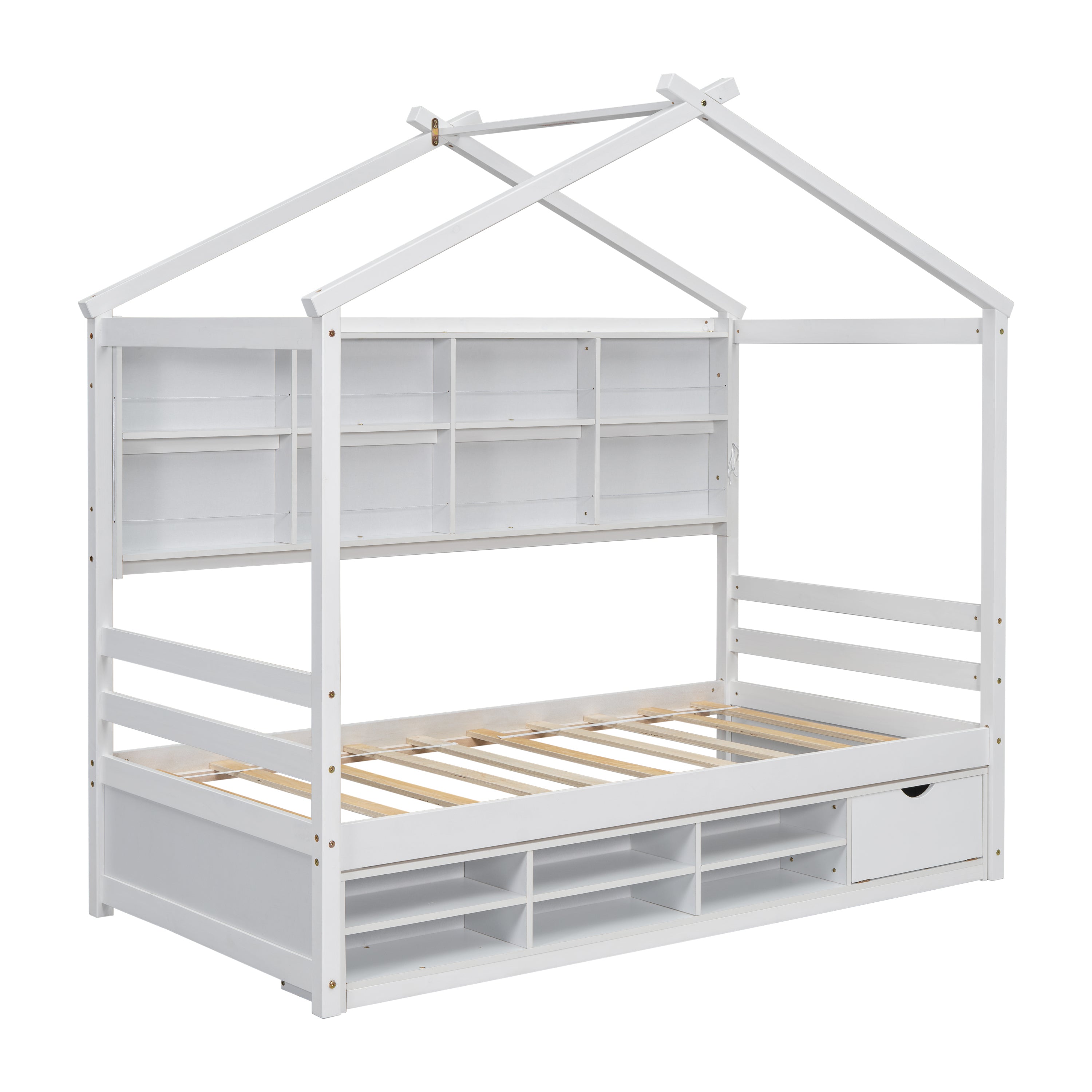 Twin House Bed with Roof Frame, Bedside-shelves, Under Bed Storage Unit,White - Atlantic Fine Furniture Melbourne FL