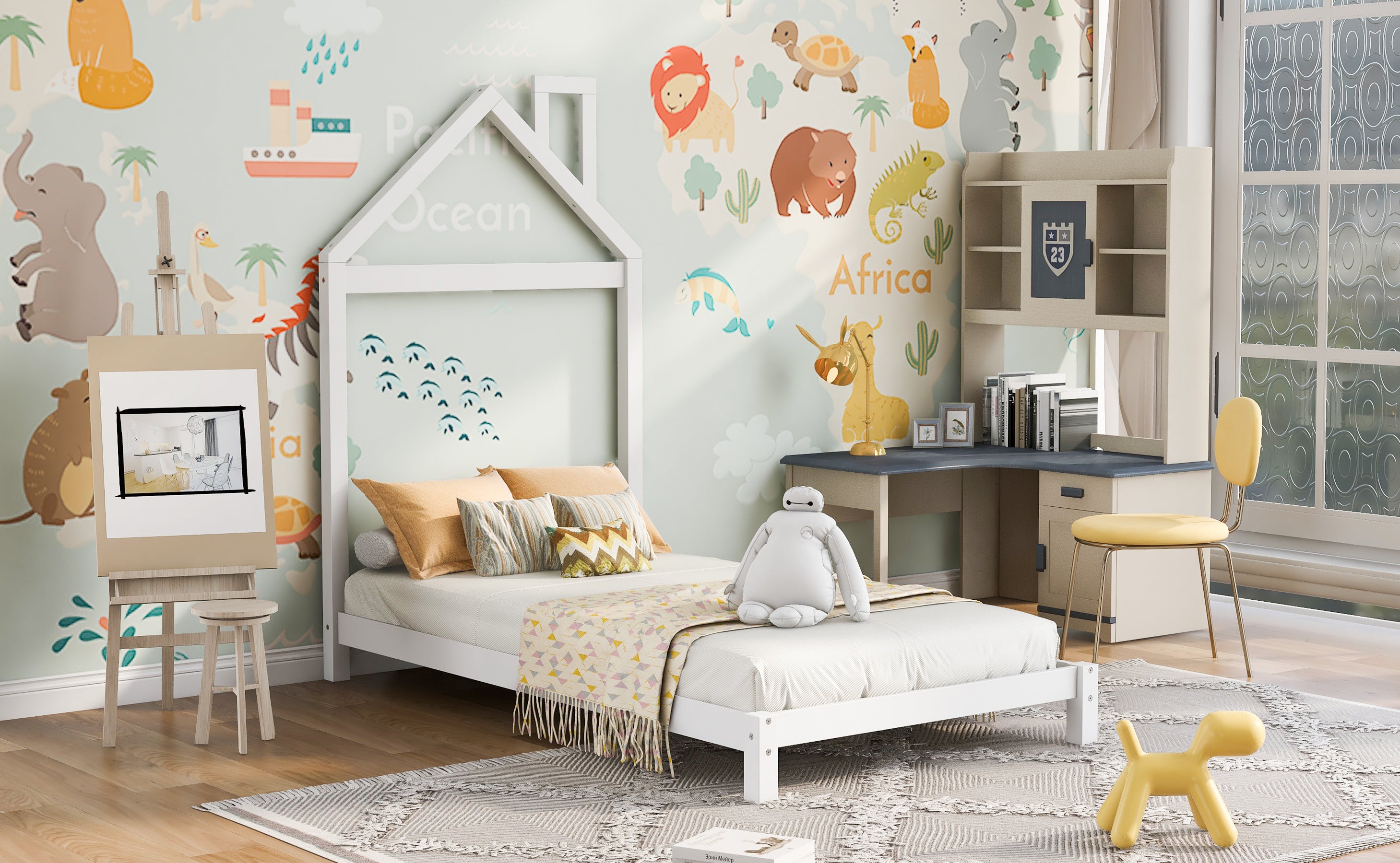 Twin Size Wood Platform Bed with House-shaped Headboard (White)