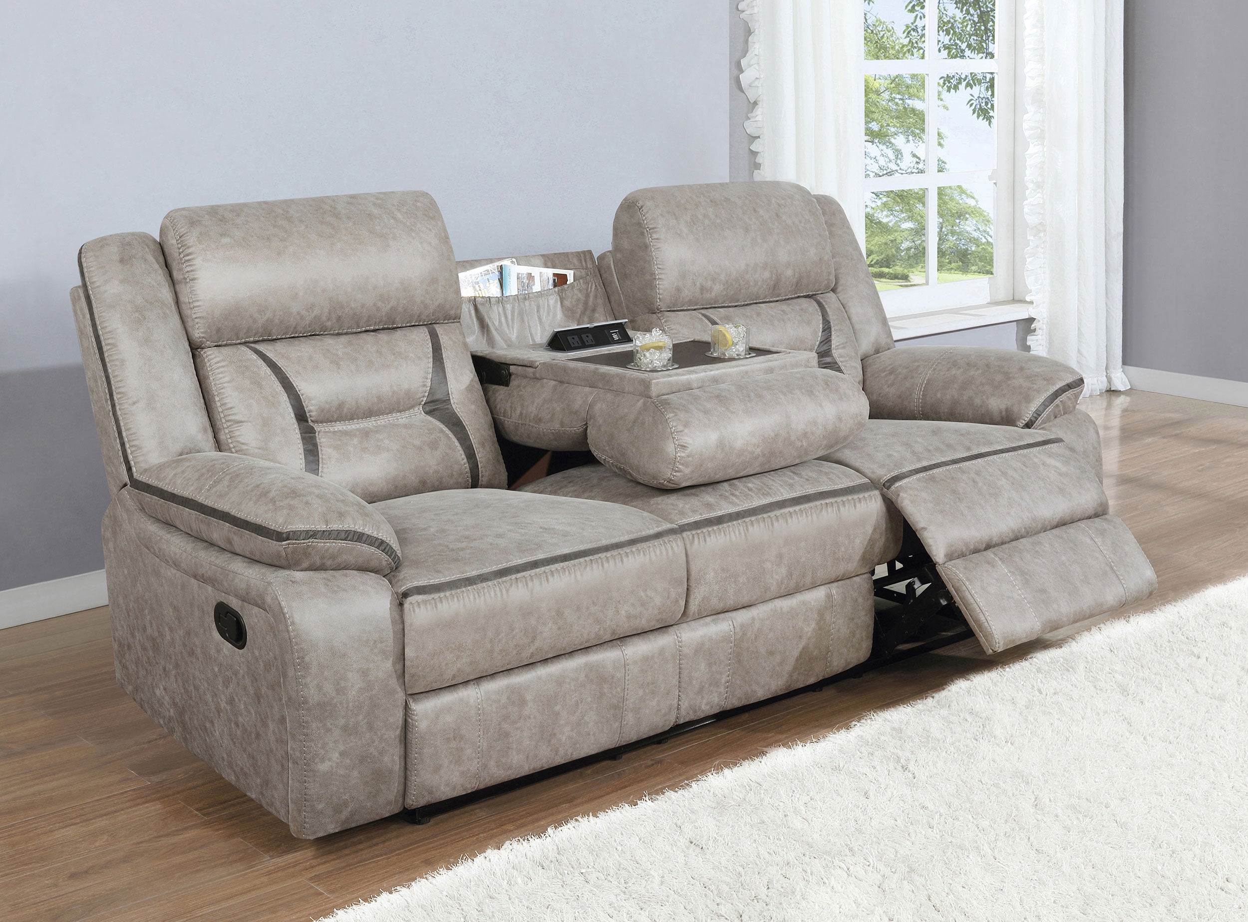 Greer Upholstered Motion Reclining Sofa Taupe — view 1