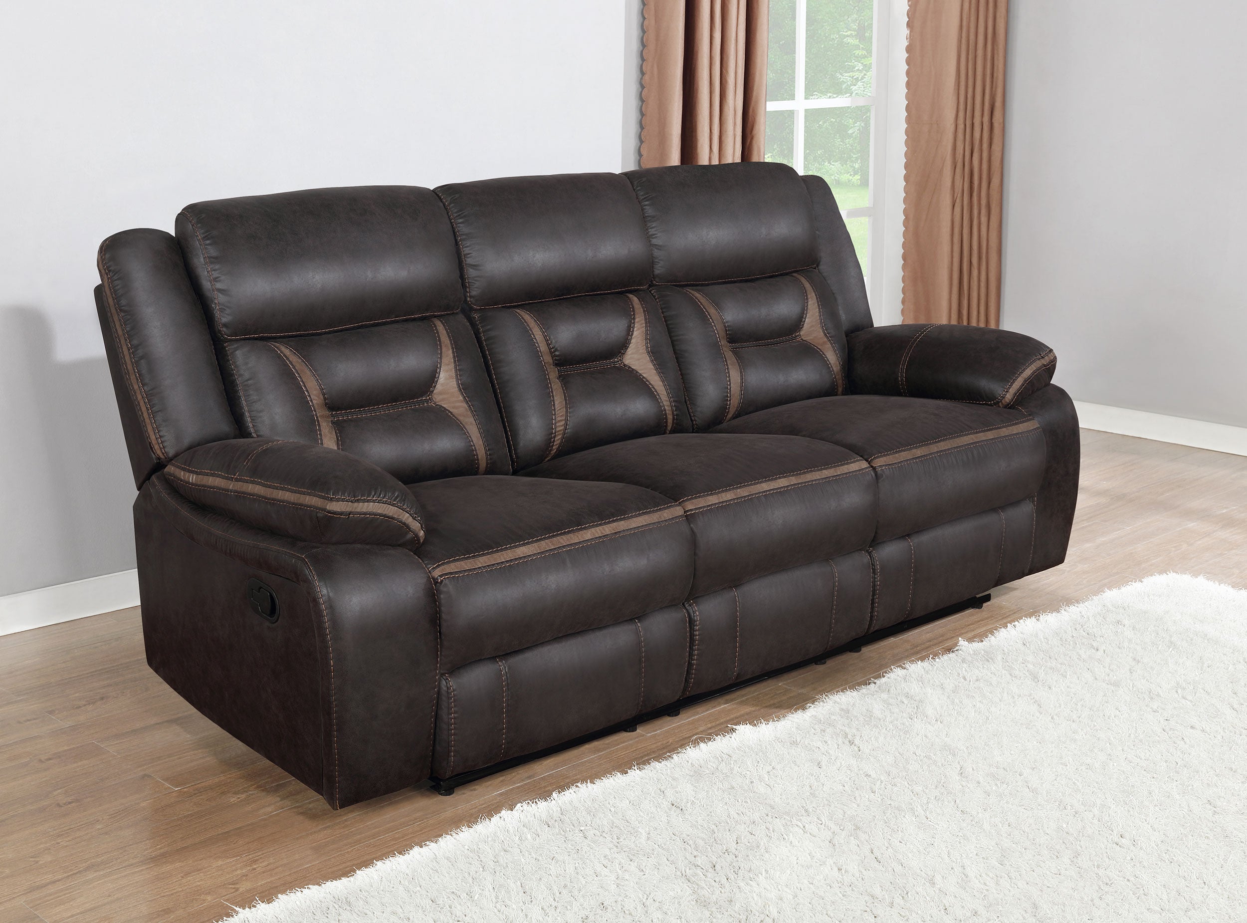 Greer Upholstered Motion Reclining Sofa Brown — view 2