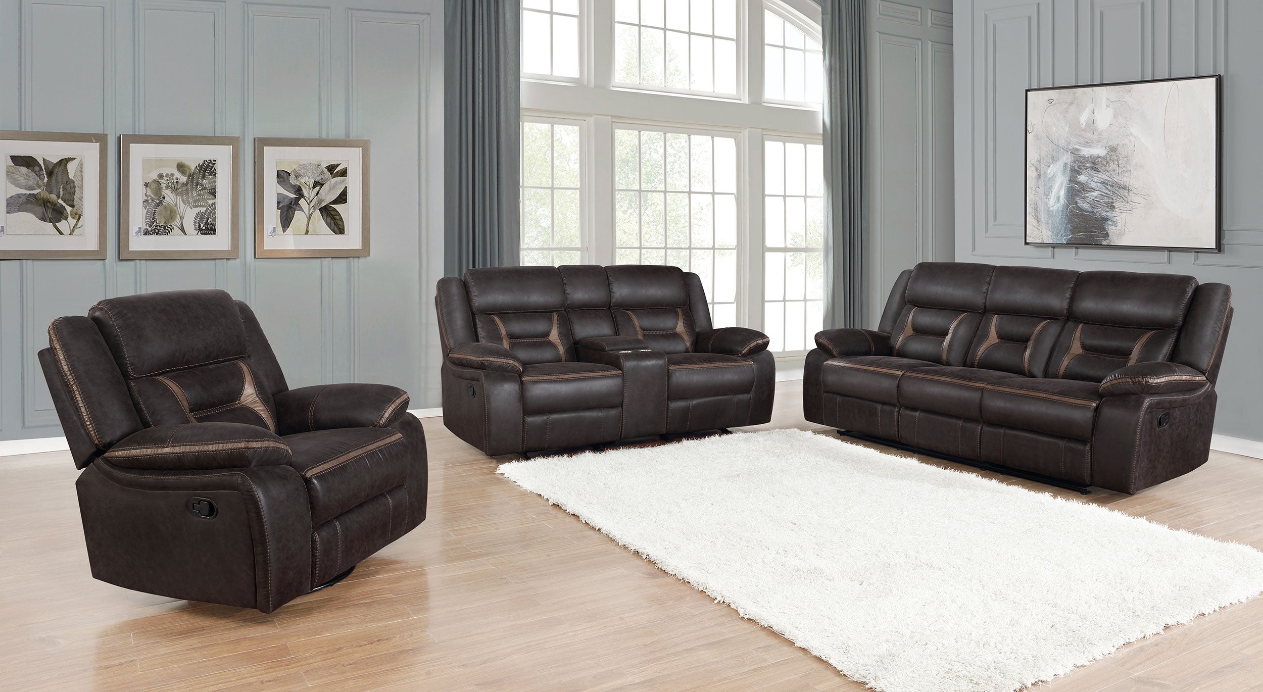 Greer Upholstered Motion Reclining Sofa Brown — view 8