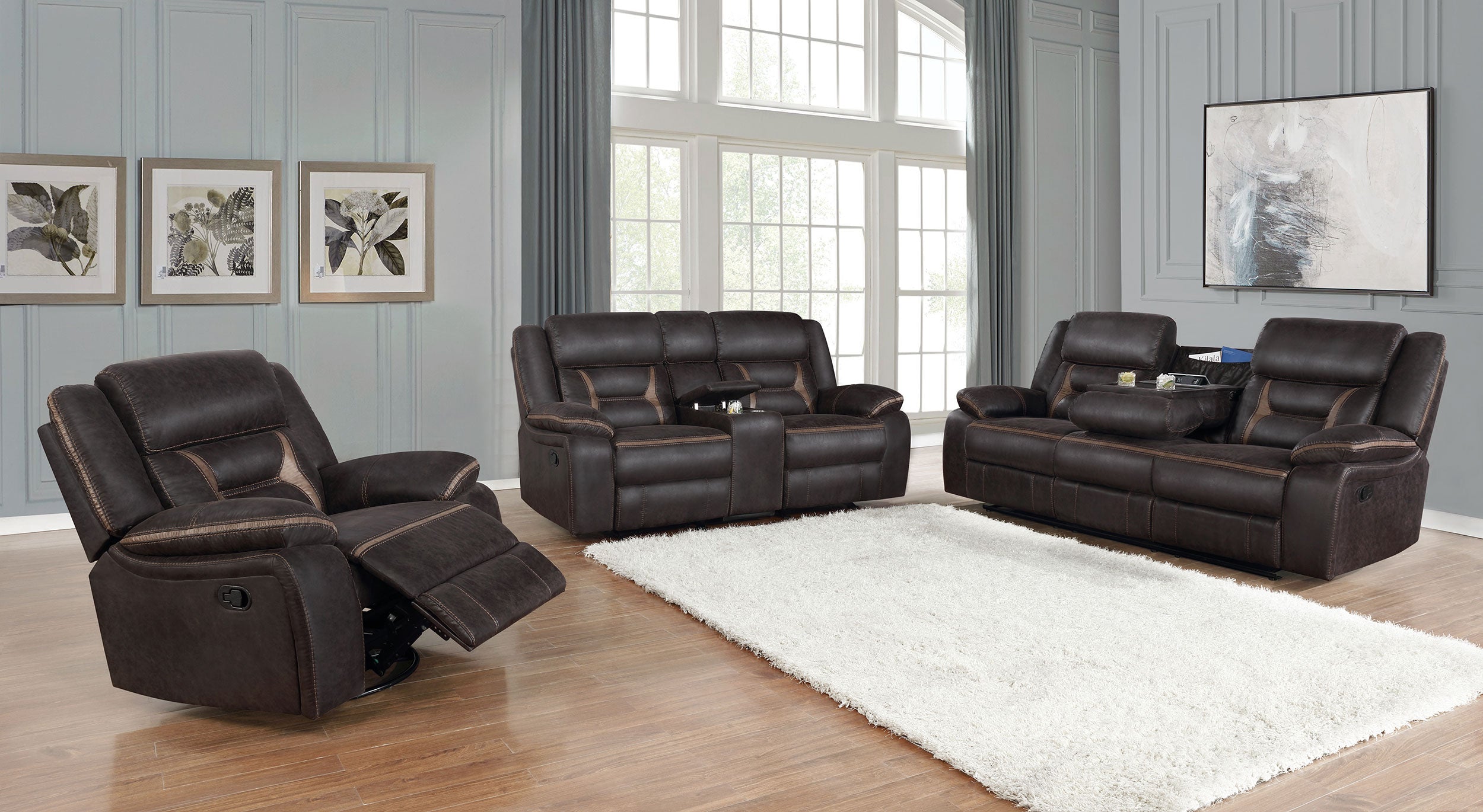 Greer Upholstered Motion Reclining Sofa Brown — view 9
