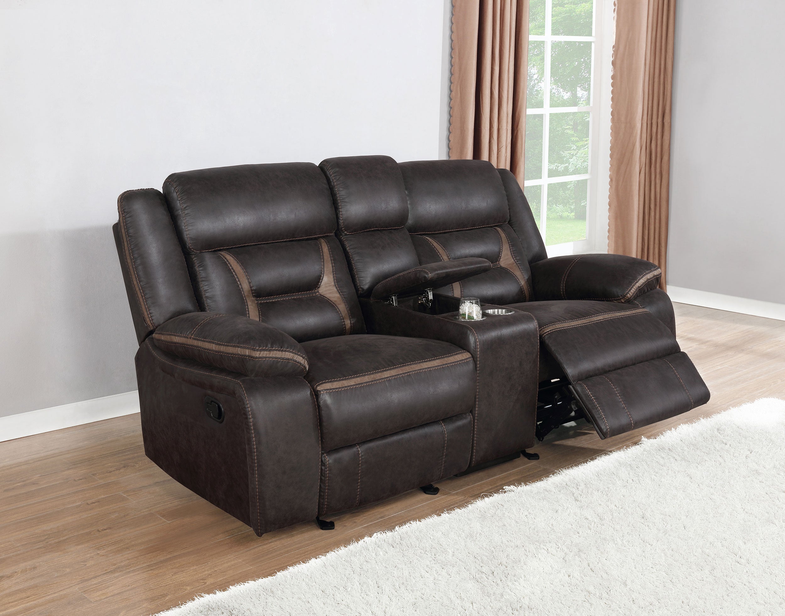Greer Upholstered Motion Reclining Loveseat Brown — view 3