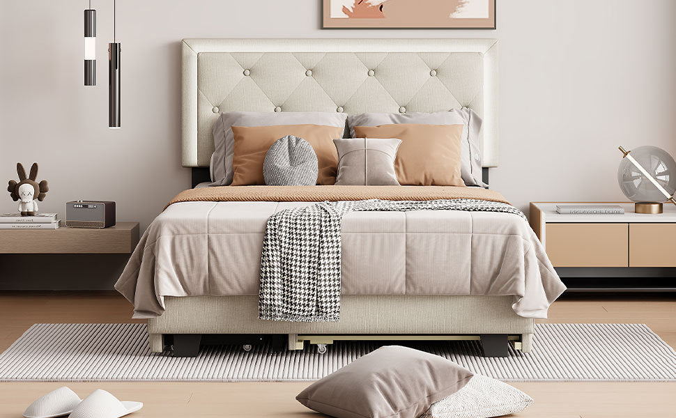 Full Size Velvet Storage Platform Bed, with 2 Big Drawers, T Size Trundle and LED Light, Beige - Atlantic Fine Furniture Melbourne FL