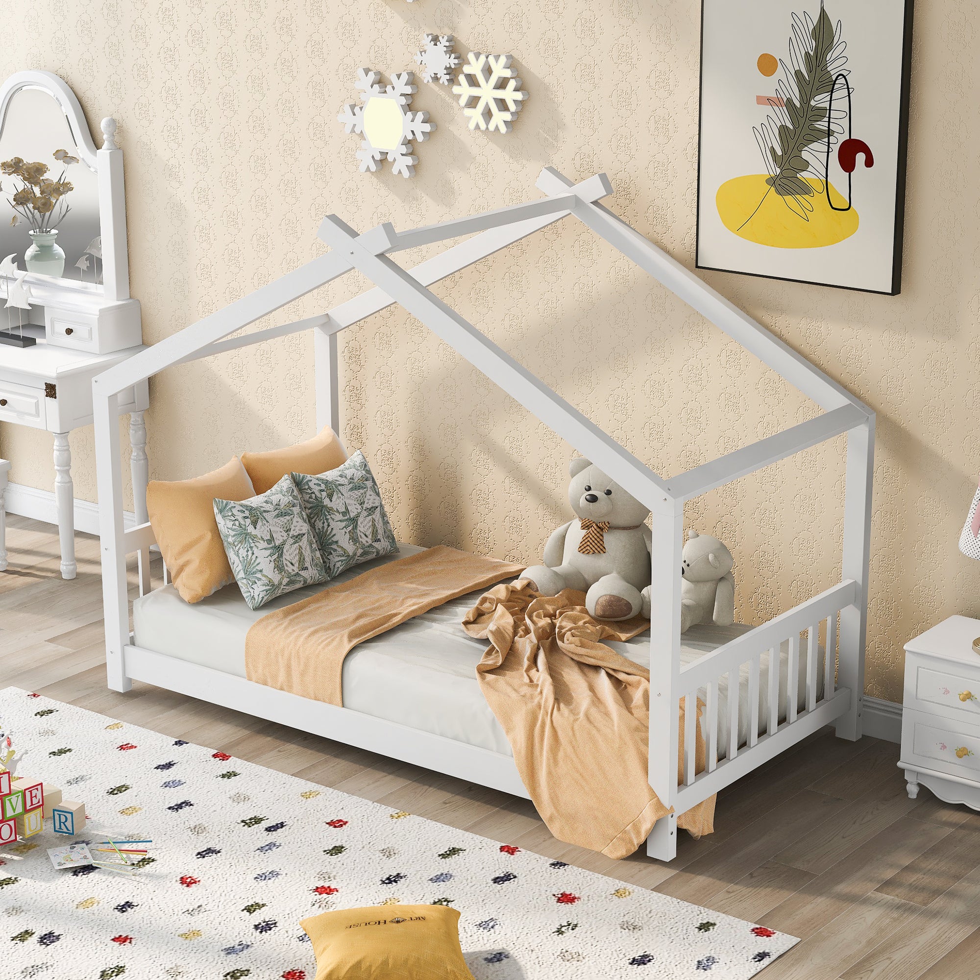 Twin Size House Platform Bed with Headboard and Footboard,Roof Design,White - Atlantic Fine Furniture Melbourne FL