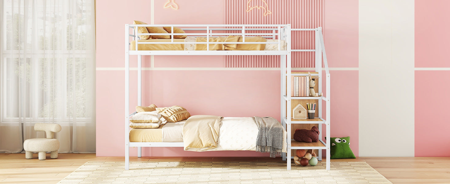 Full Over Full Metal Bunk Bed with Lateral Storage Ladder and Wardrobe, White - Atlantic Fine Furniture Melbourne FL