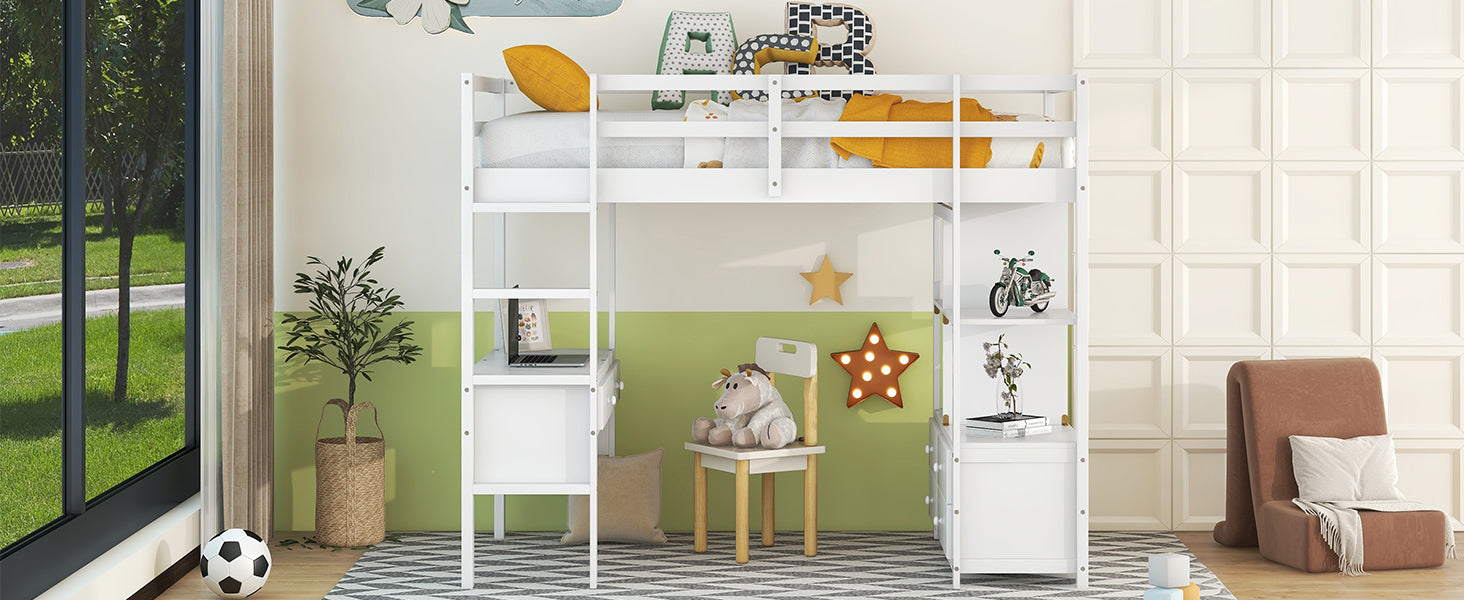 Twin Size Loft Bed with Built-in Desk with Two Drawers, and Storage Shelves and Drawers,White - Atlantic Fine Furniture Melbourne FL