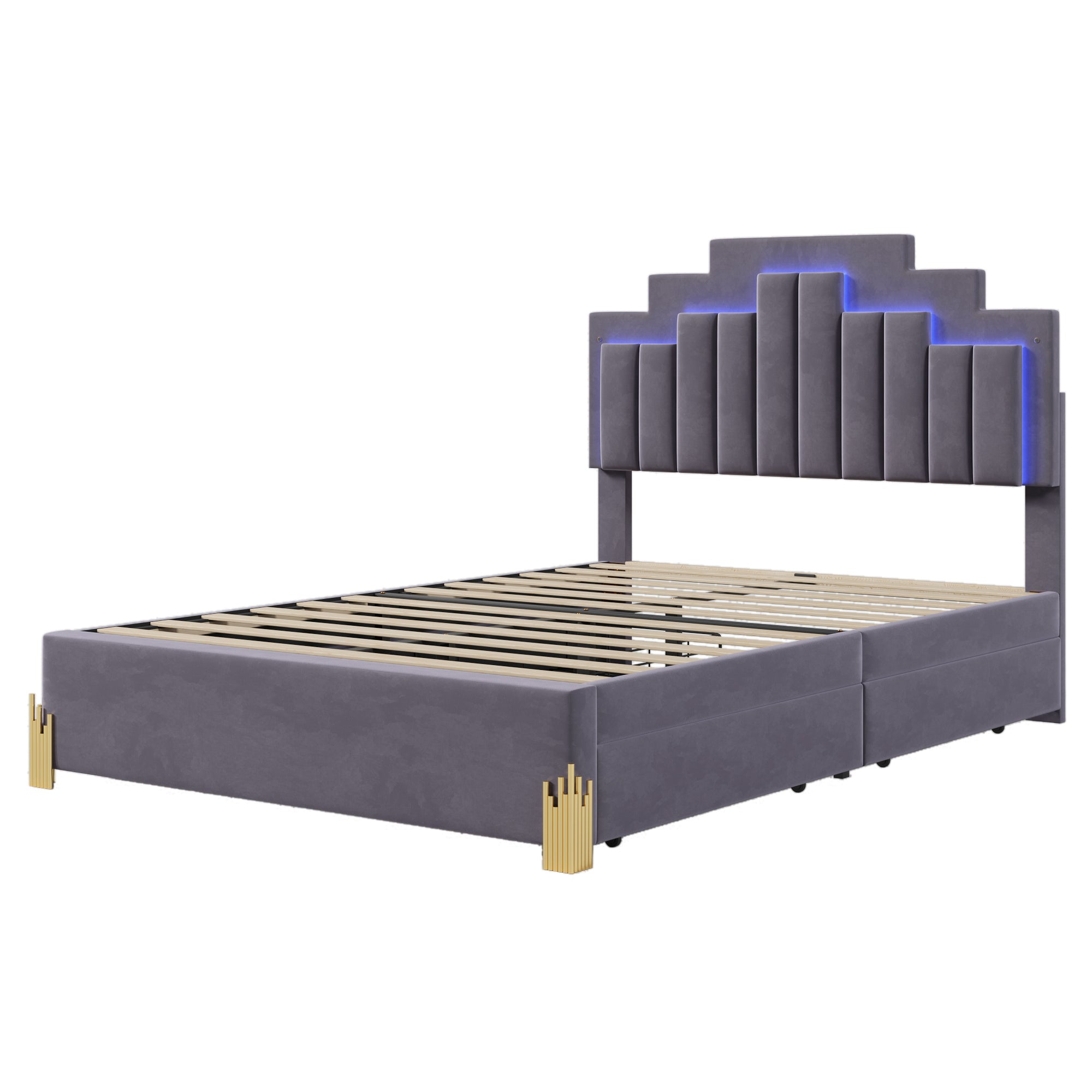 Full Size Upholstered Platform Bed with LED Lights and 4 Drawers, Stylish Irregular Metal Bed Legs Design, Gray - Atlantic Fine Furniture Melbourne FL