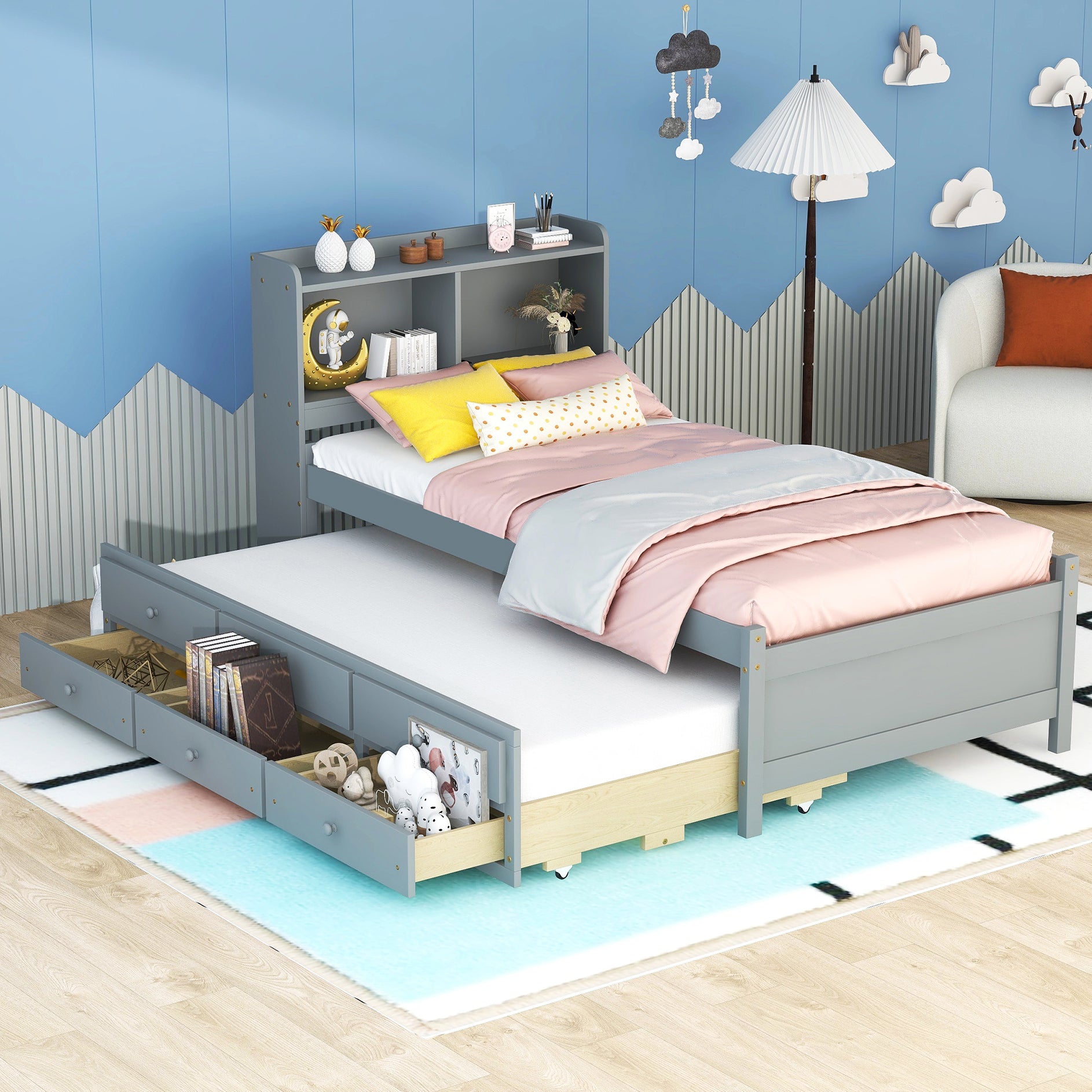 Twin Size Bed with built-in USB ,Type-C Ports, LED light, Bookcase Headboard, Trundle and 3 Storage Drawers, Twin Size Bed with Bookcase Headboard, Trundle and Storage drawers ,Grey - Atlantic Fine Furniture Melbourne FL