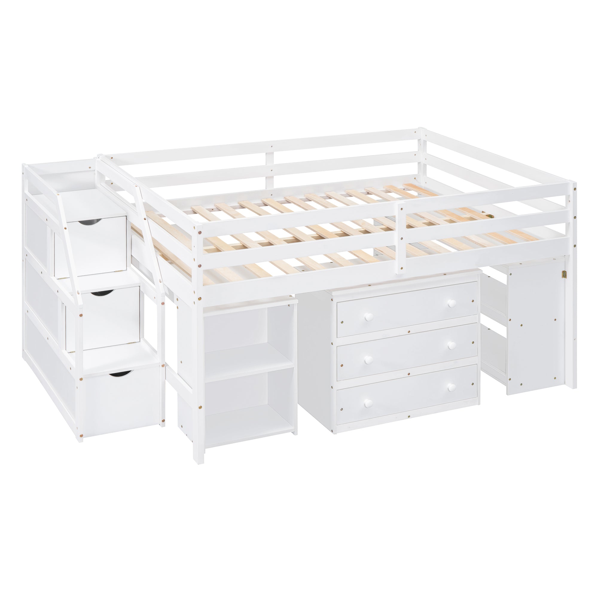 Full Size Loft Bed with Retractable Writing Desk and 3 Drawers, Wooden Loft Bed with Storage Stairs and Shelves, White - Atlantic Fine Furniture Melbourne FL
