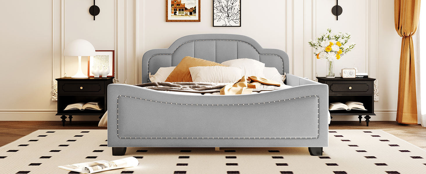 Full Size Upholstered Daybed with Cloud Shaped Headboard, Embedded Elegant Copper Nail Design, Gray - Atlantic Fine Furniture Melbourne FL