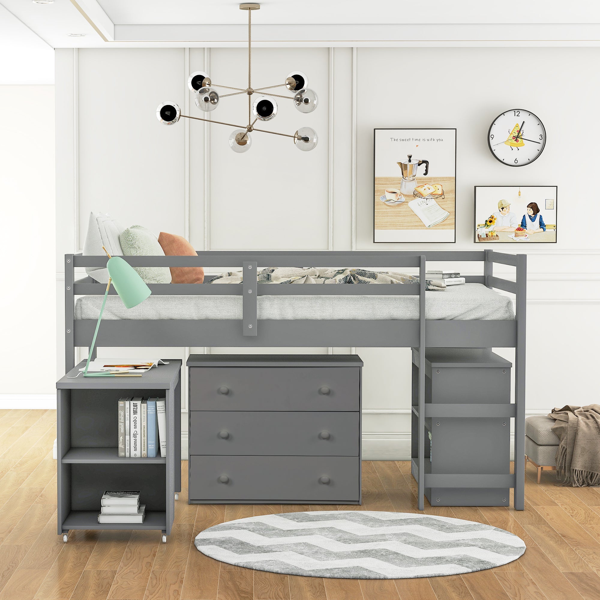 Low Study Twin Loft Bed with Cabinet and Rolling Portable Desk - Gray (OLD SKU :LP000113AAE) - Atlantic Fine Furniture Melbourne FL