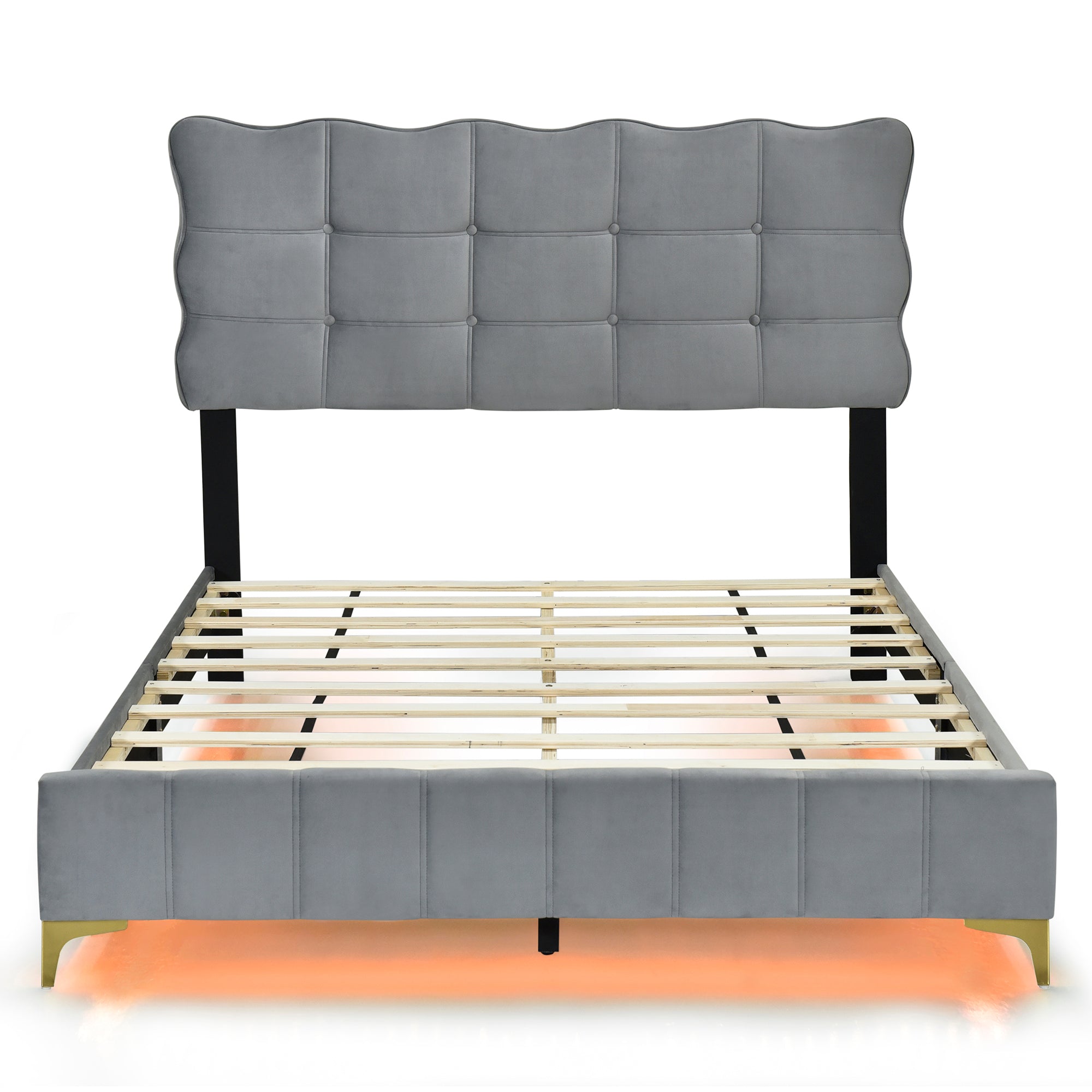 Full Size Velvet Platform Bed with LED Frame and Stylish Mental Bed Legs, Gray - Atlantic Fine Furniture Melbourne FL