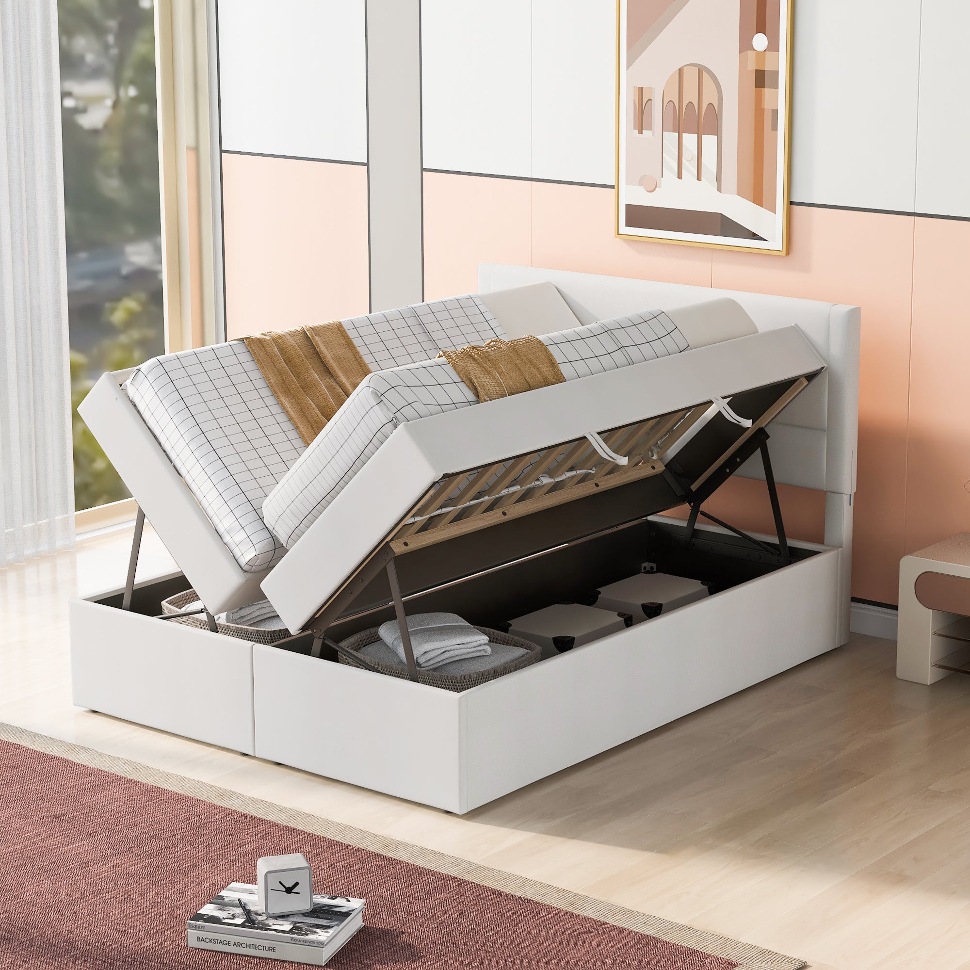 Queen Size Upholstered Platform Bed with Storage Underneath, Beige - Atlantic Fine Furniture Melbourne FL