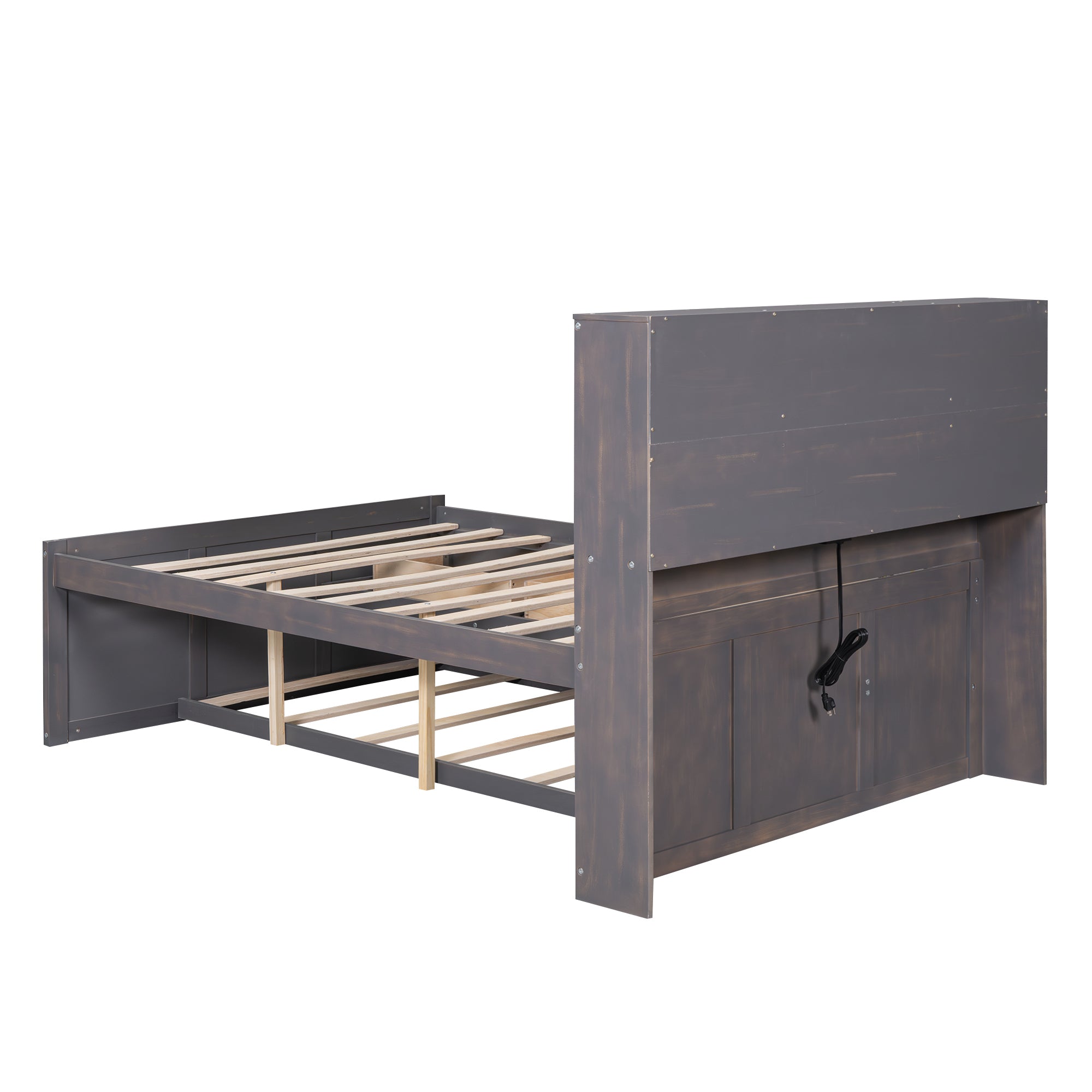 Full Size Platform Bed with Storage Headboard, Charging Station, Twin Size Trundle and 3 Drawers, Antique Brown