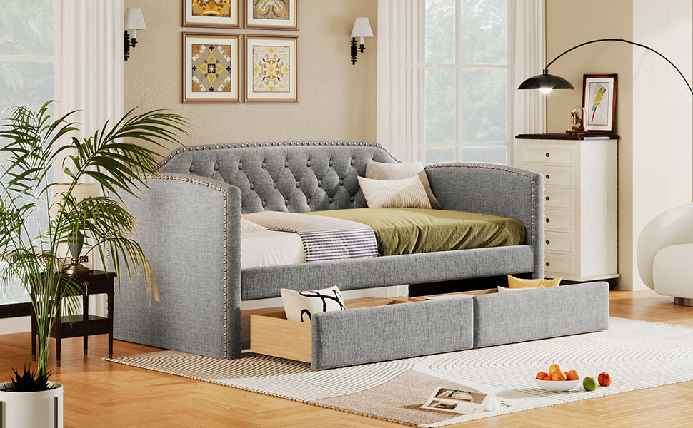 Twin Size Upholstered Daybed with Drawers for Guest Room, Small Bedroom, Study Room,Gray - Atlantic Fine Furniture Melbourne FL