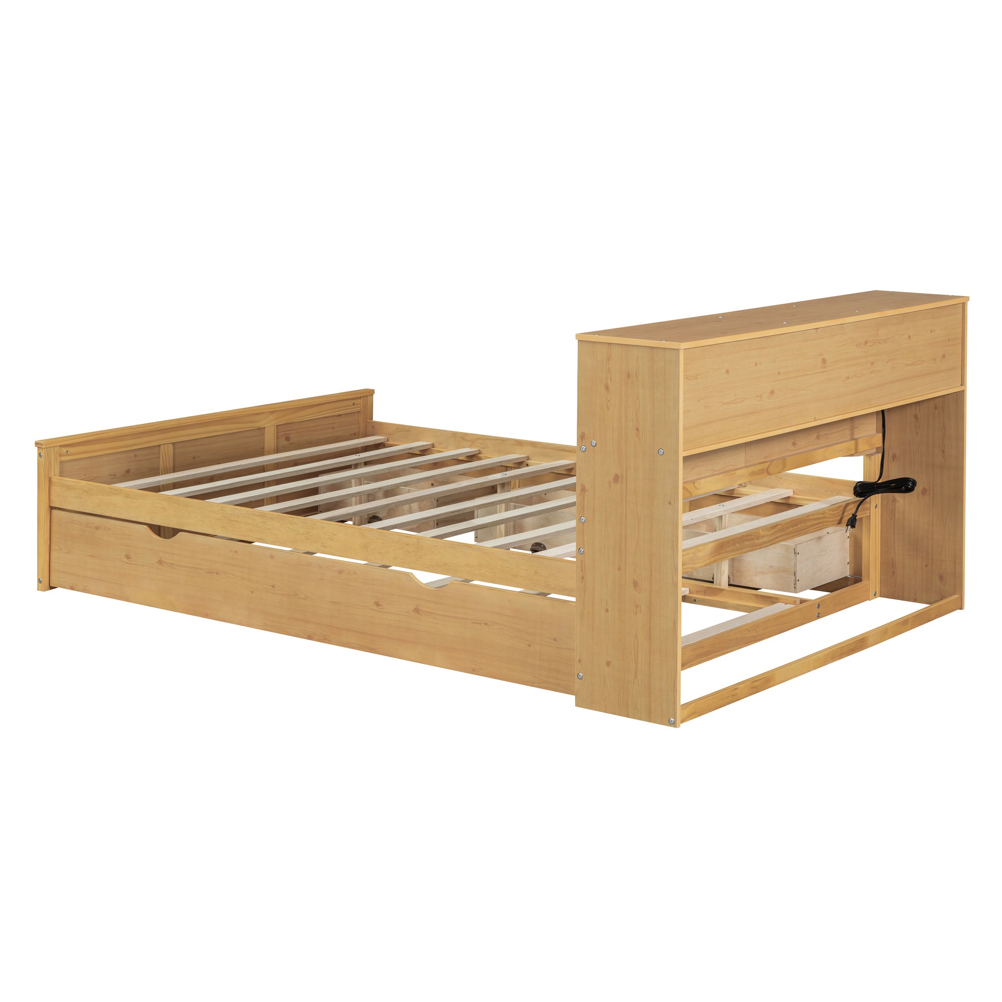 Full Size Wood Pltaform Bed with Twin Size Trundle, 3 Drawers, Upper Shelves and a set of USB Ports & Sockets, Natural - Atlantic Fine Furniture Melbourne FL
