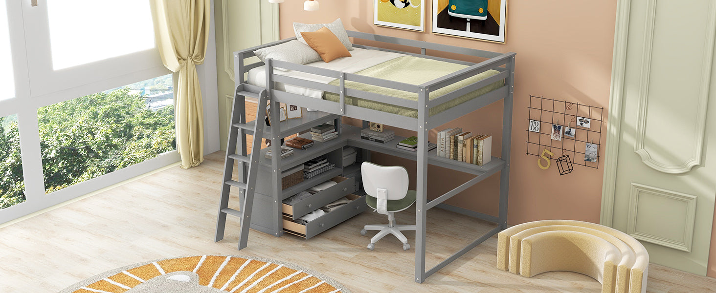 Full Size Loft Bed with Desk and Shelves,Two Built-in Drawers,Gray(Old SKU: GX000416AAE) - Atlantic Fine Furniture Melbourne FL