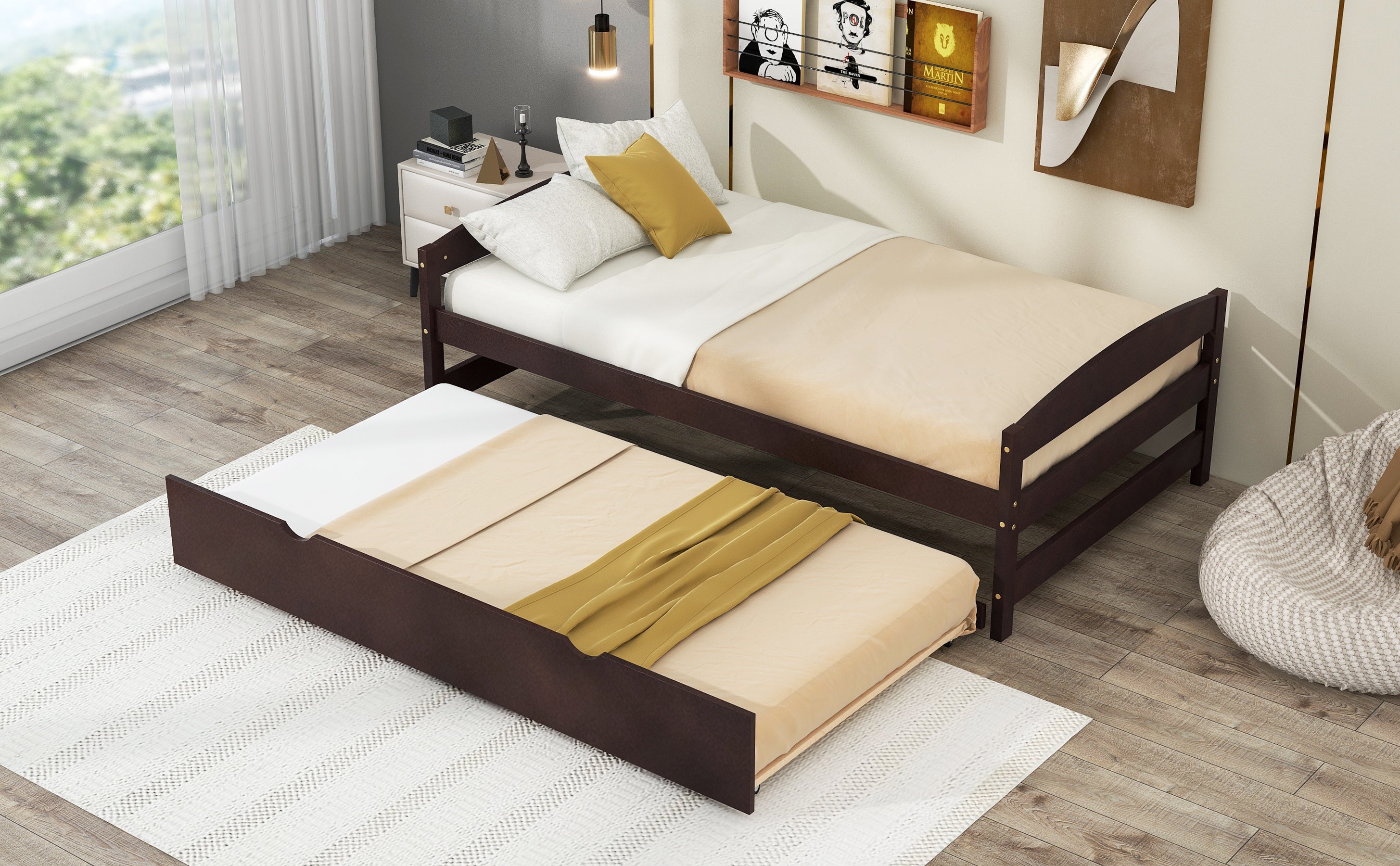Twin Size Platform Bed with Twin Size Trundle, Espresso - Atlantic Fine Furniture Melbourne FL