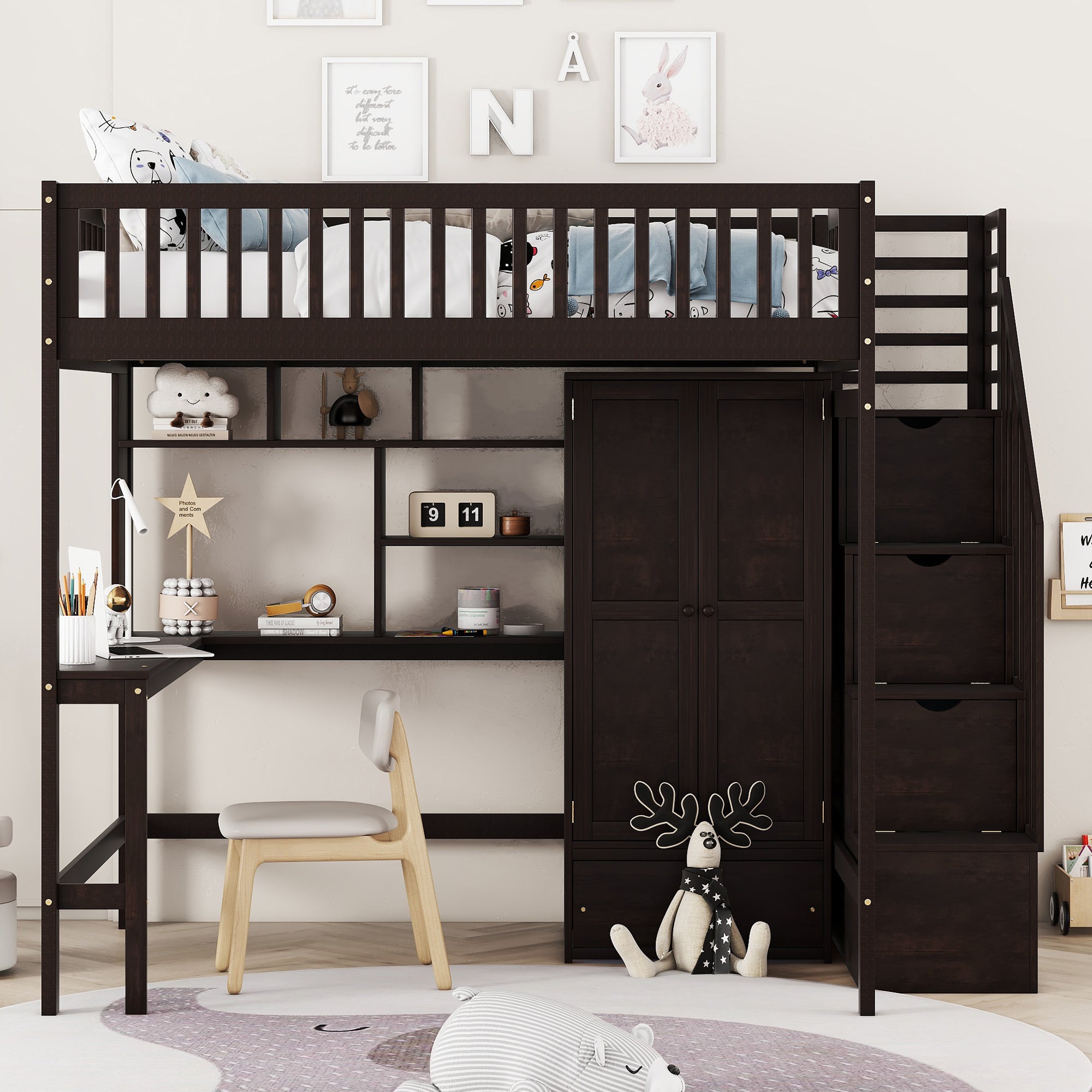 Full size Loft Bed with Bookshelf,Drawers,Desk,and Wardrobe-Espresso