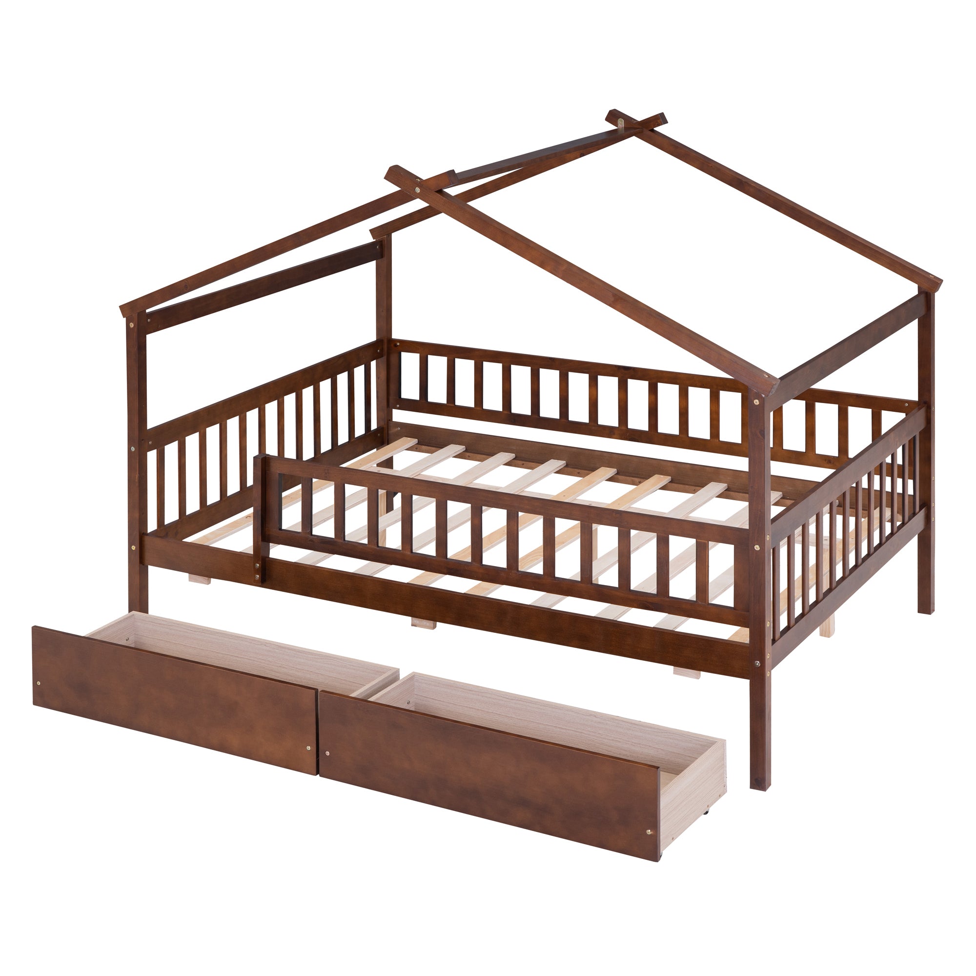 Full Size Wooden House Bed with Two Drawers, Walnut - Atlantic Fine Furniture Melbourne FL