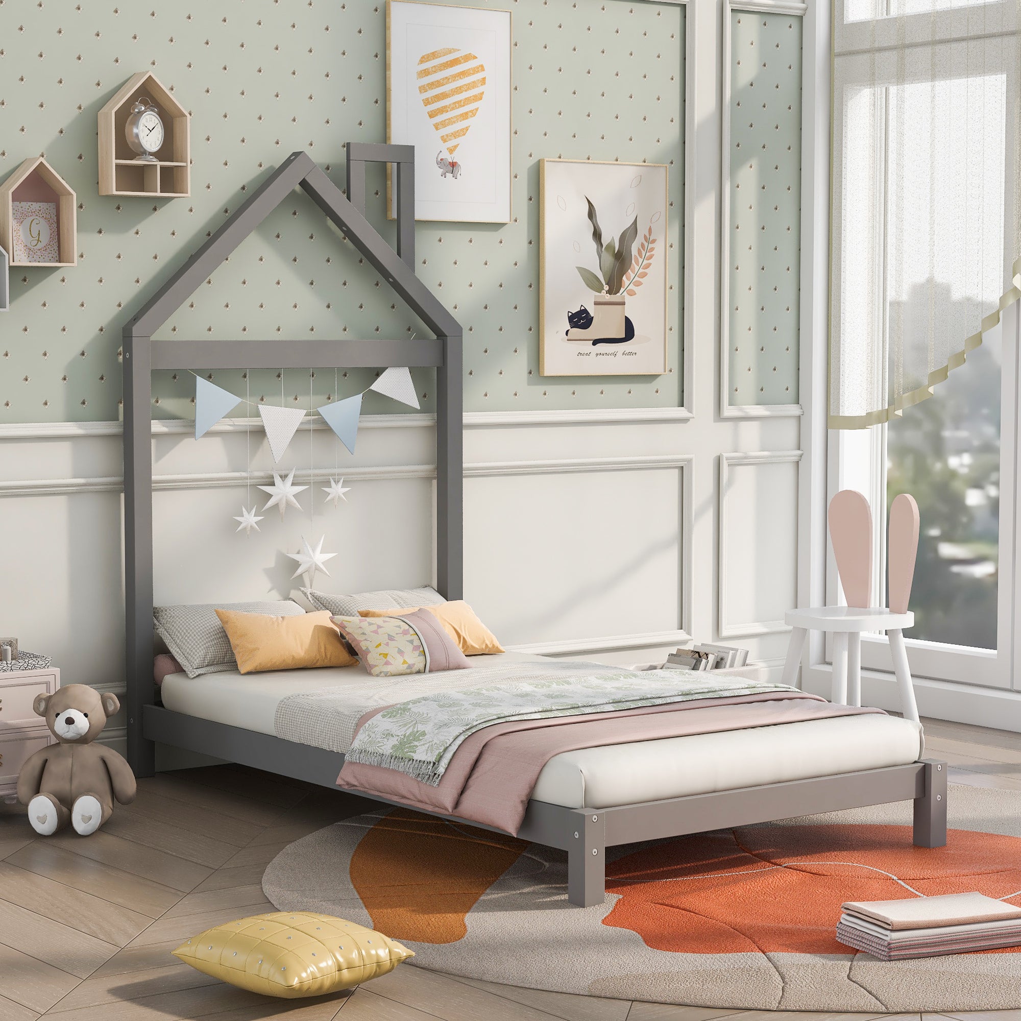 Twin Size Wood Platform Bed with House-shaped Headboard (Gray) - Atlantic Fine Furniture Melbourne FL
