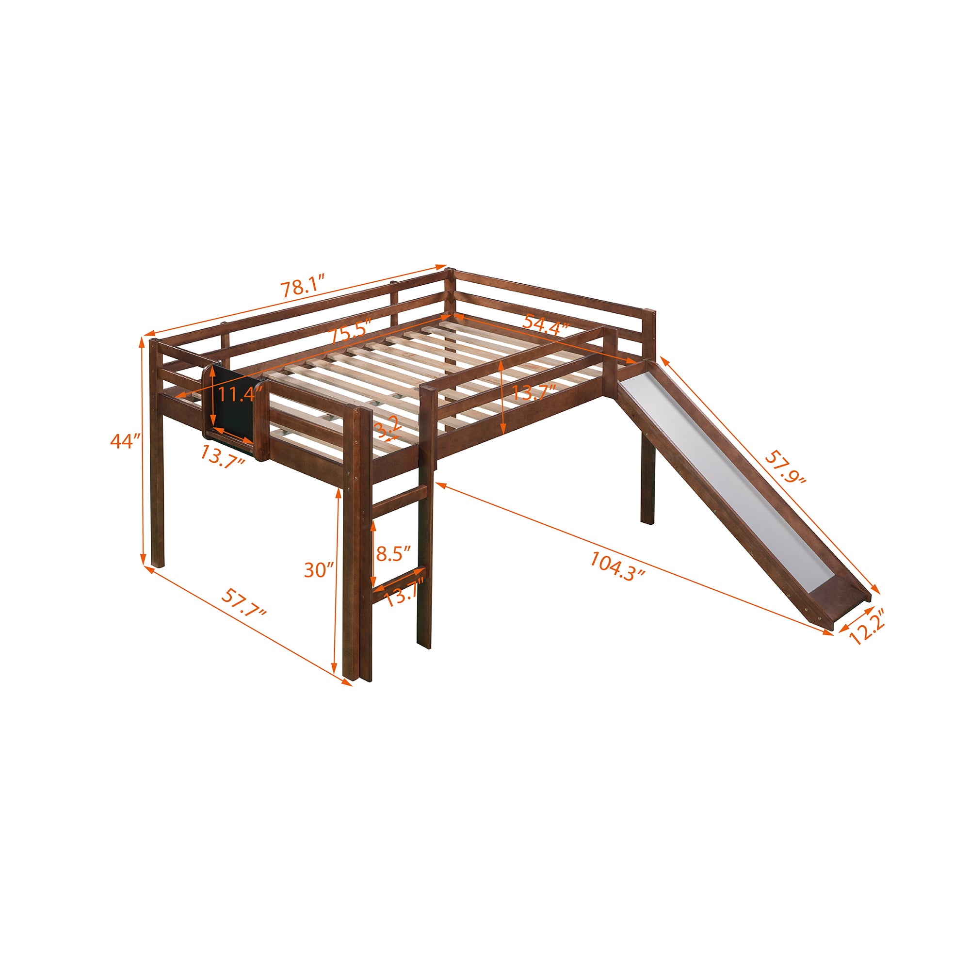 Full size Loft Bed Wood Bed with Slide, Stair and Chalkboard,Walnut(Old SKU:WF282116AAL) - Atlantic Fine Furniture Melbourne FL